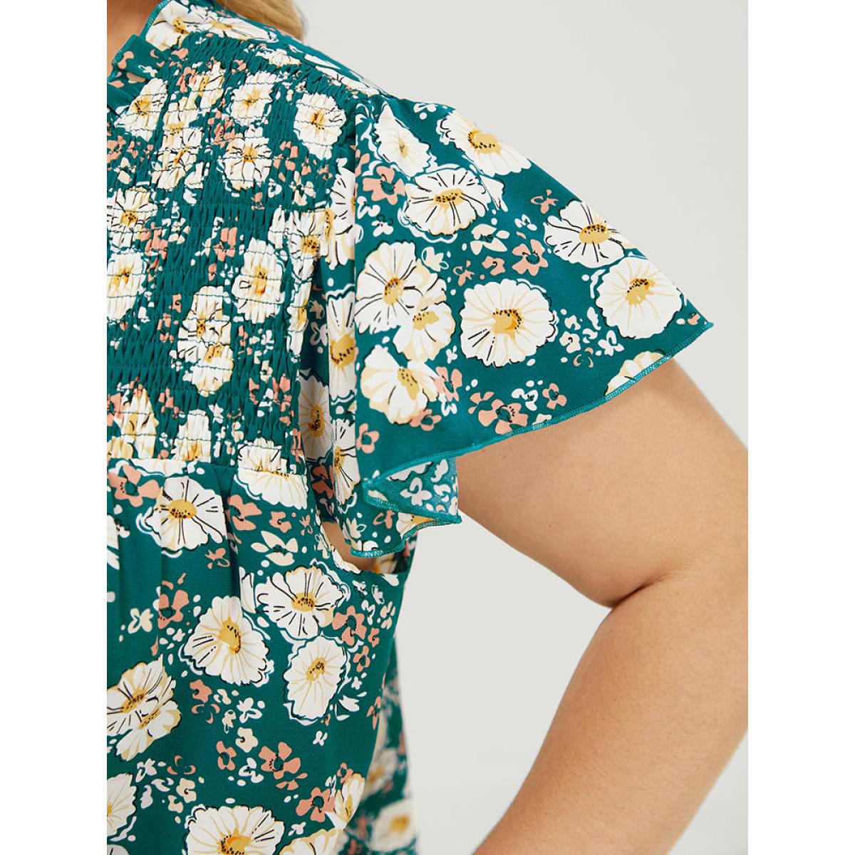 Plus Size Cerulean Floral Ruffle Sleeve Shirred Button Up Frill Trim Blouse Women Elegant Short sleeve V-neck Dailywear Blouses BloomChic 12/L Product Image