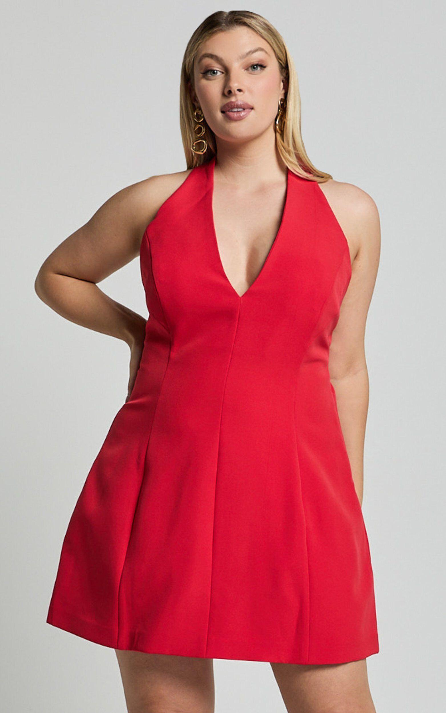 Yelena Mini Dress - Halter Neck Bow Detail Mini Dress in Red Product Image
