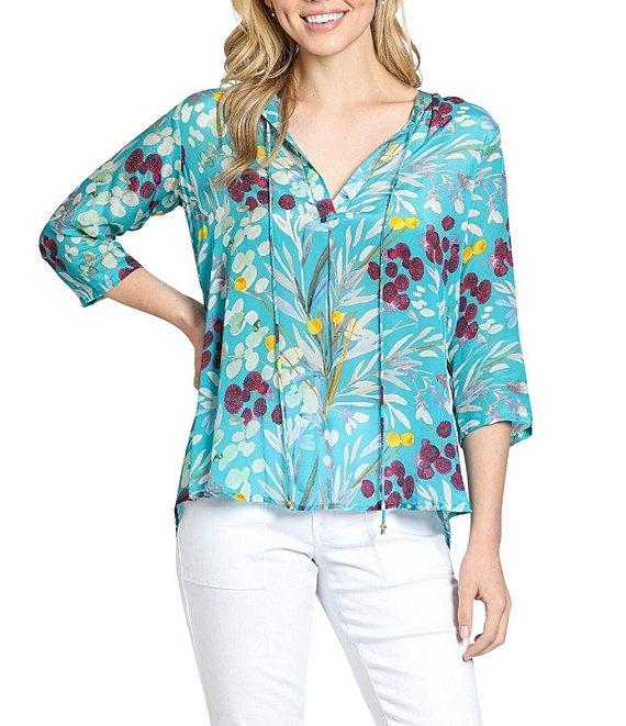 APNY Woven Floral Print V-Neck 3/4 Sleeve Tassel Tie Blouse Product Image