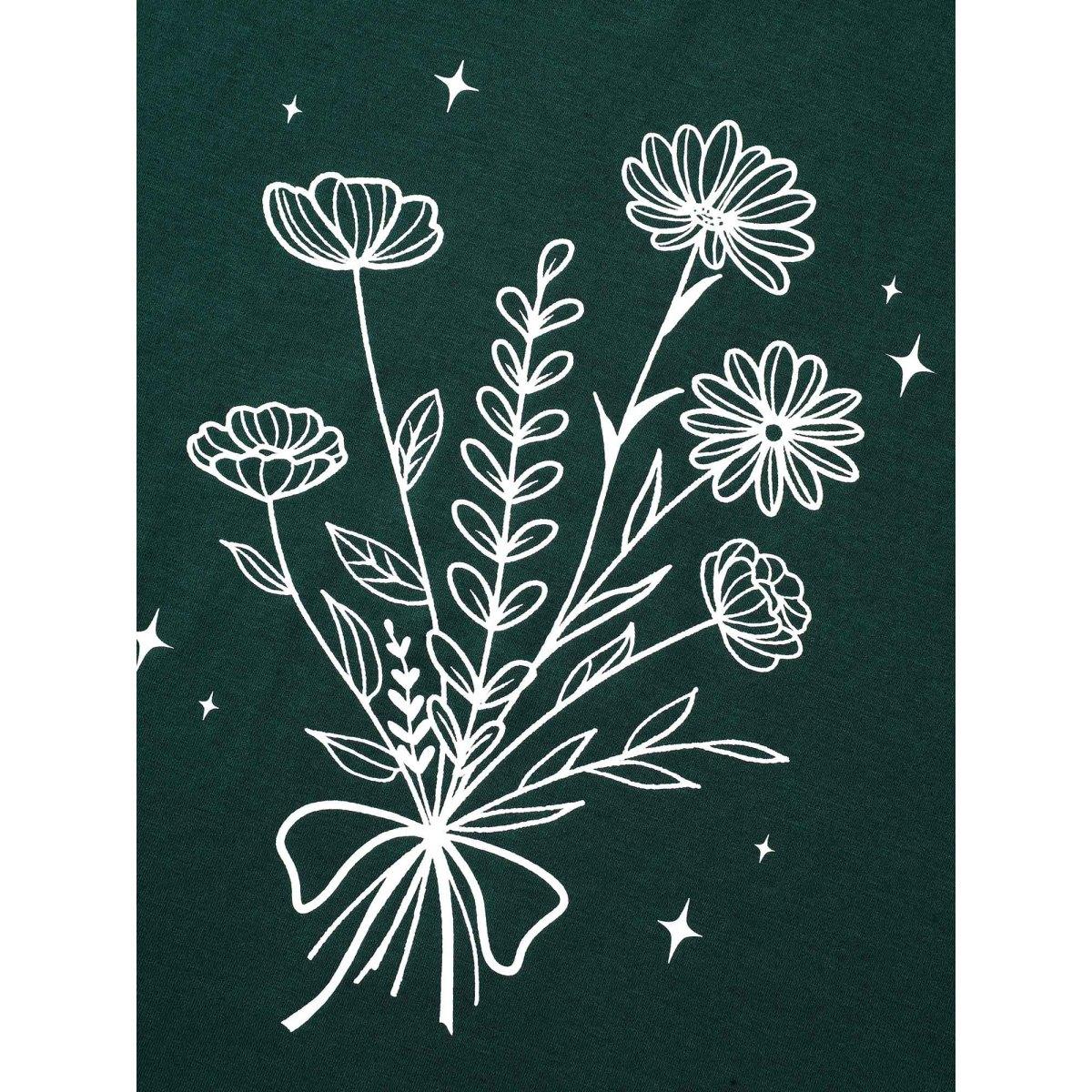 Plus Size Floral Motif Round Neck Fitted T-Shirt DarkGreen Women Casual Non Natural Flowers Round Neck Everyday T-shirts BloomChic 14-16/1X Product Image