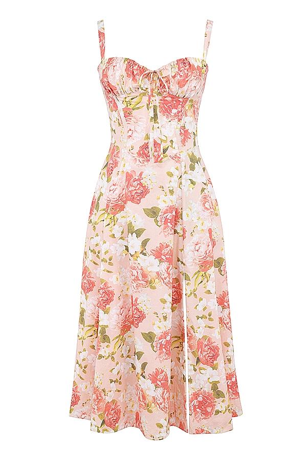 Carmen  pink peony print cotton bustier sundress Product Image
