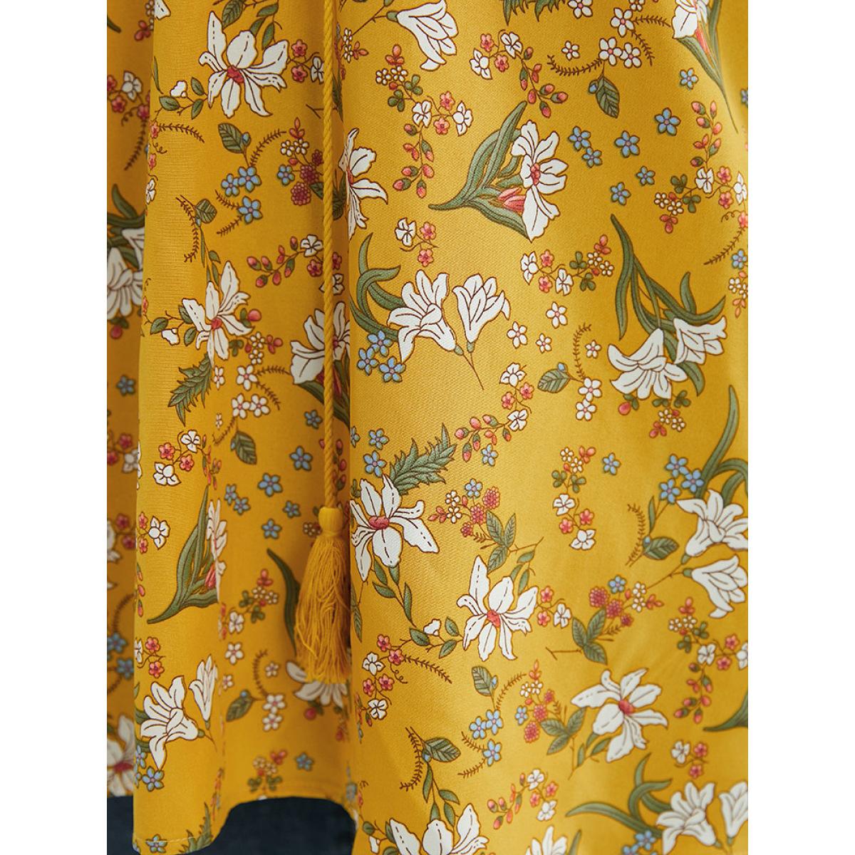 Plus Size Yellow Floral Tie Neck Tassels Frill Trim Ruffle Sleeve Blouse Women Elegant Short sleeve V-neck Dailywear Blouses BloomChic 14-16/1X Product Image