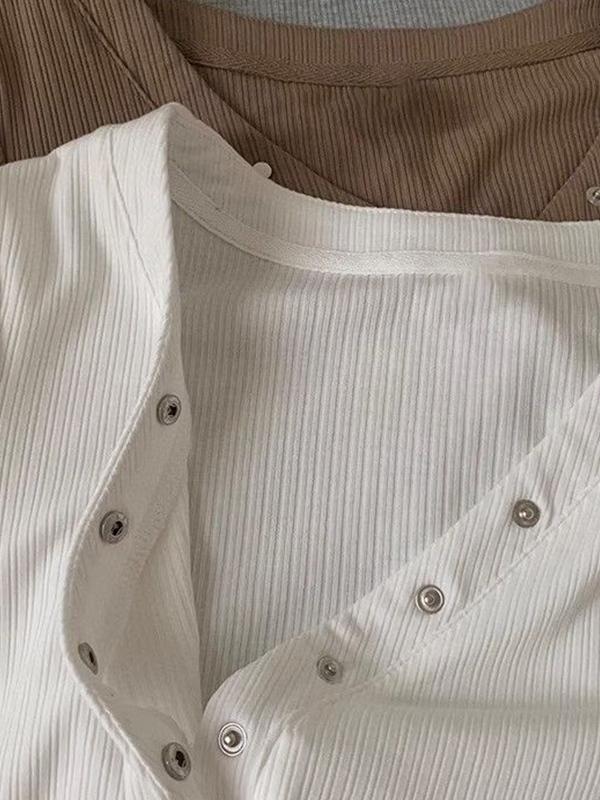 Solid V Neck Snap Button Slim Long Sleeve Knit Product Image