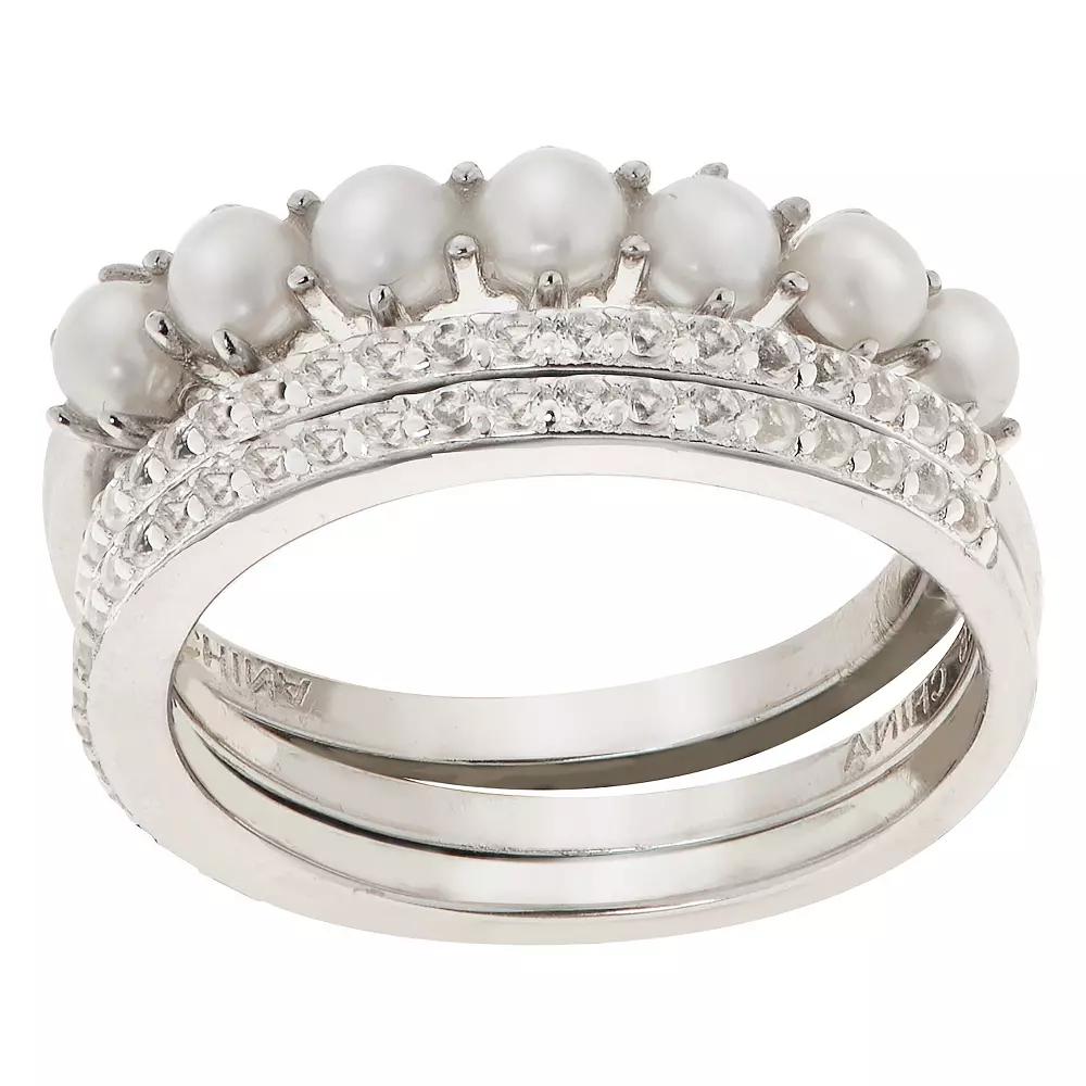 PearLustre by Imperial Freshwater Cultured Pearl & White Topaz Stackable Ring Set, Womens Sterling Silver Product Image