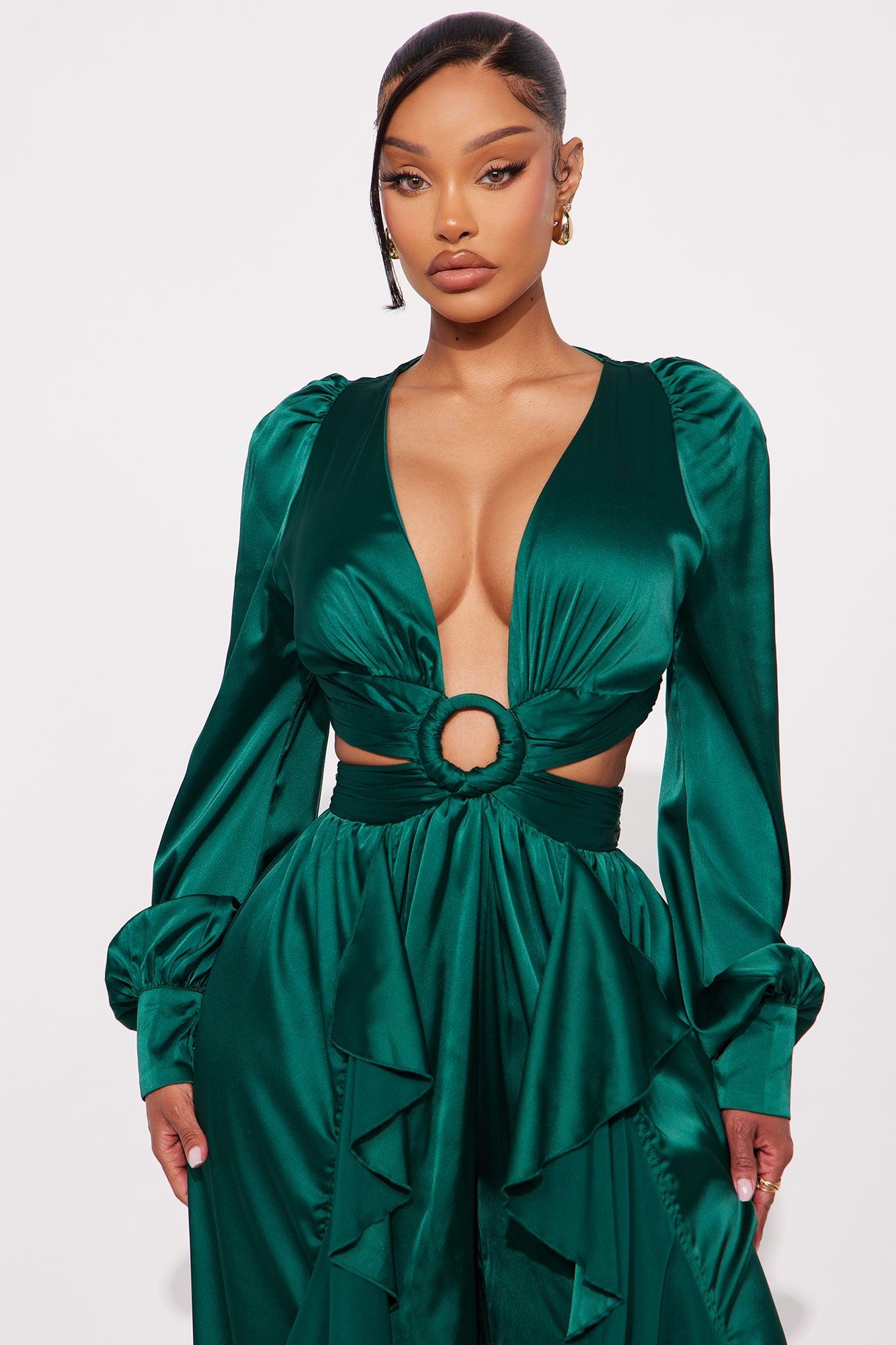 Show Stopper Satin Long Sleeve Jumpsuit - Emerald Female Product Image