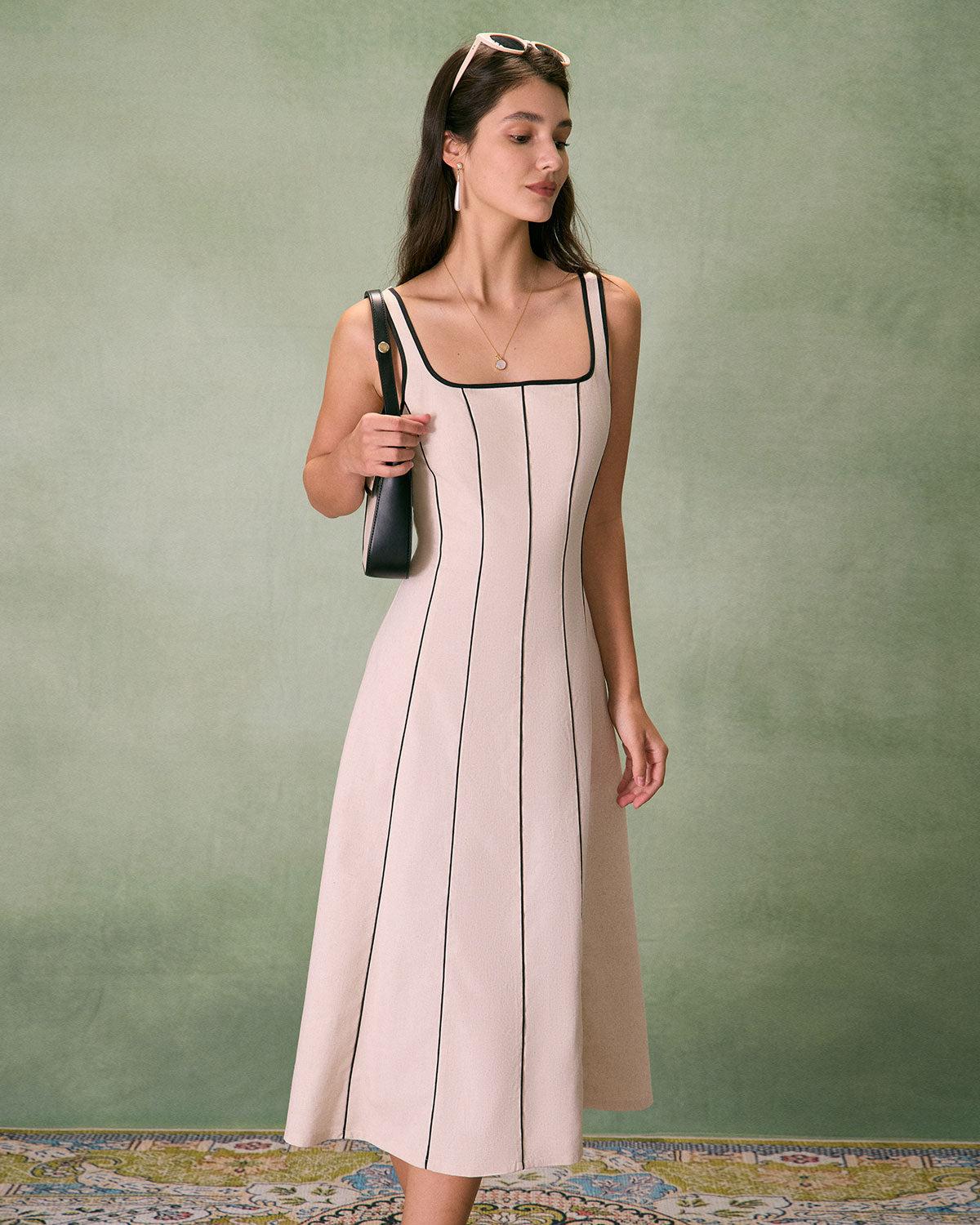 The Khaki Square Neck Contrast Midi Dress Product Image