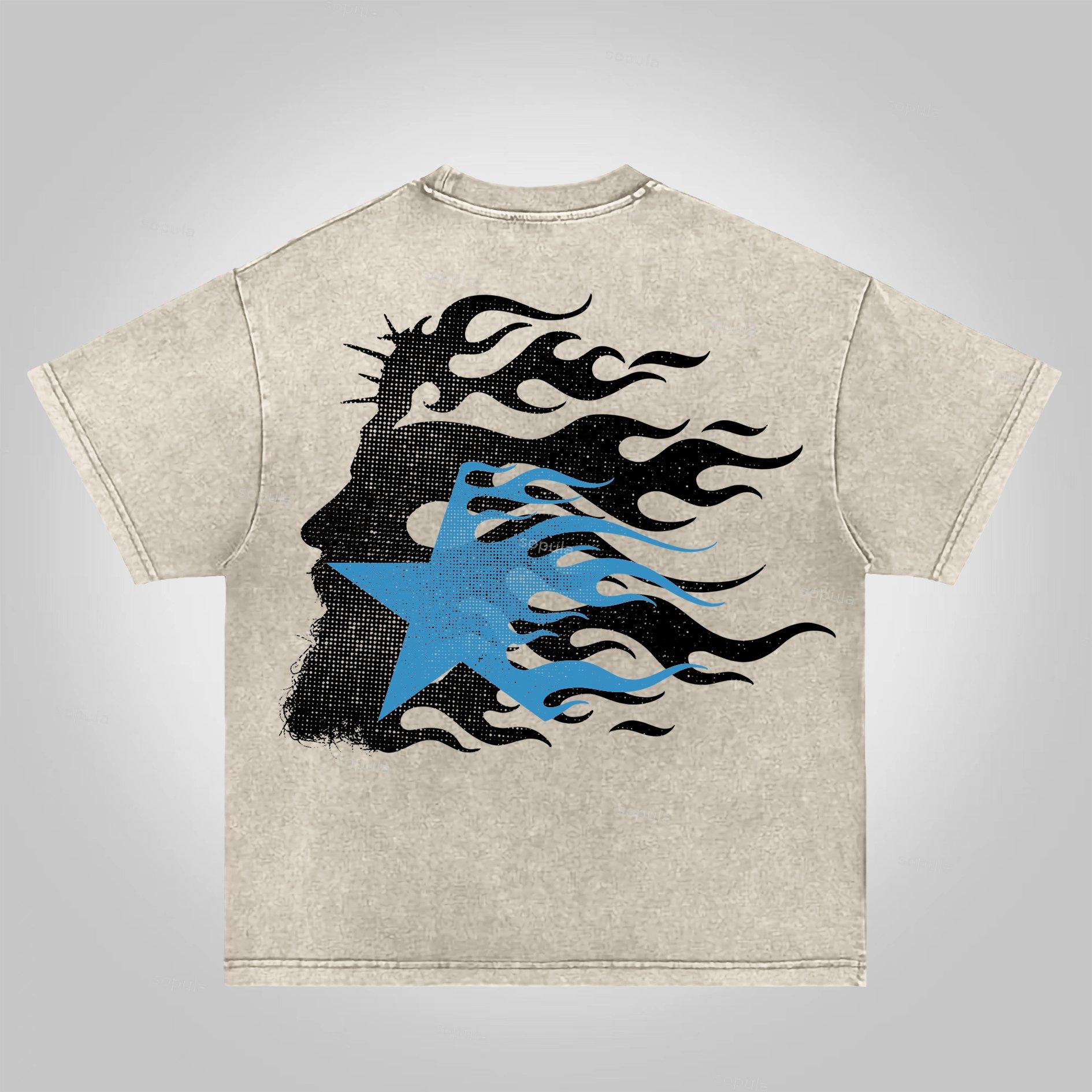 Fashionable Retro Flame Jesus Silhouette Network Acid Wash T-shirt Product Image