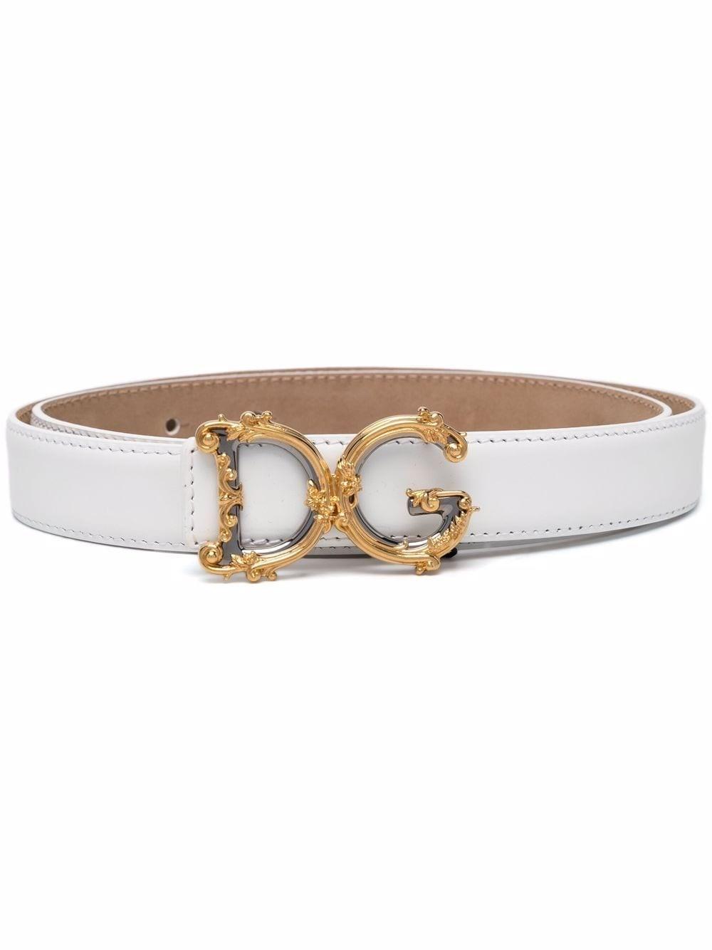 DOLCE & GABBANA Baroque Dg Logo Buckle Belt In Calf Leather In White Product Image