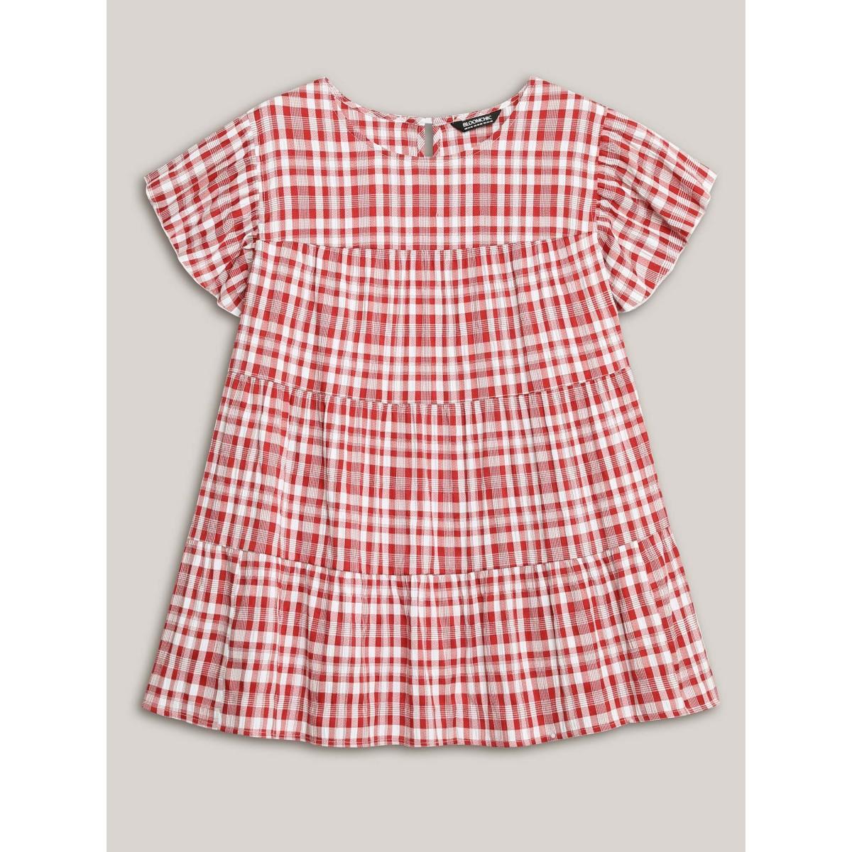 Plus Size Crimson Plaid Print Textured Lotus Leaf Sleeve Shirt Women Casual Cap Sleeve Round Neck Everyday Blouses BloomChic 12/L Product Image