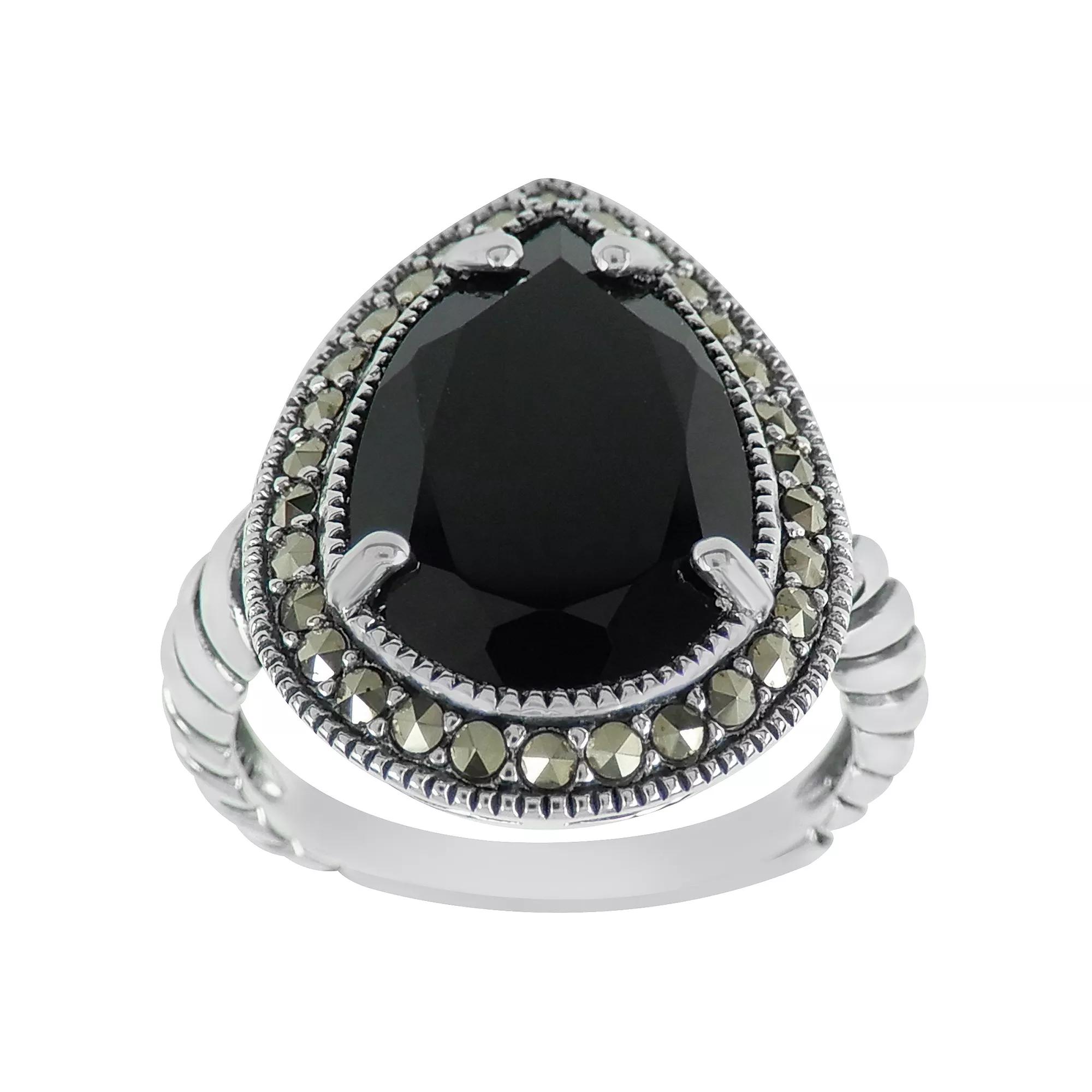 Lavish by TJM Sterling Silver Onyx & Marcasite Drop Halo Ring, Women's, Size: 9 Product Image