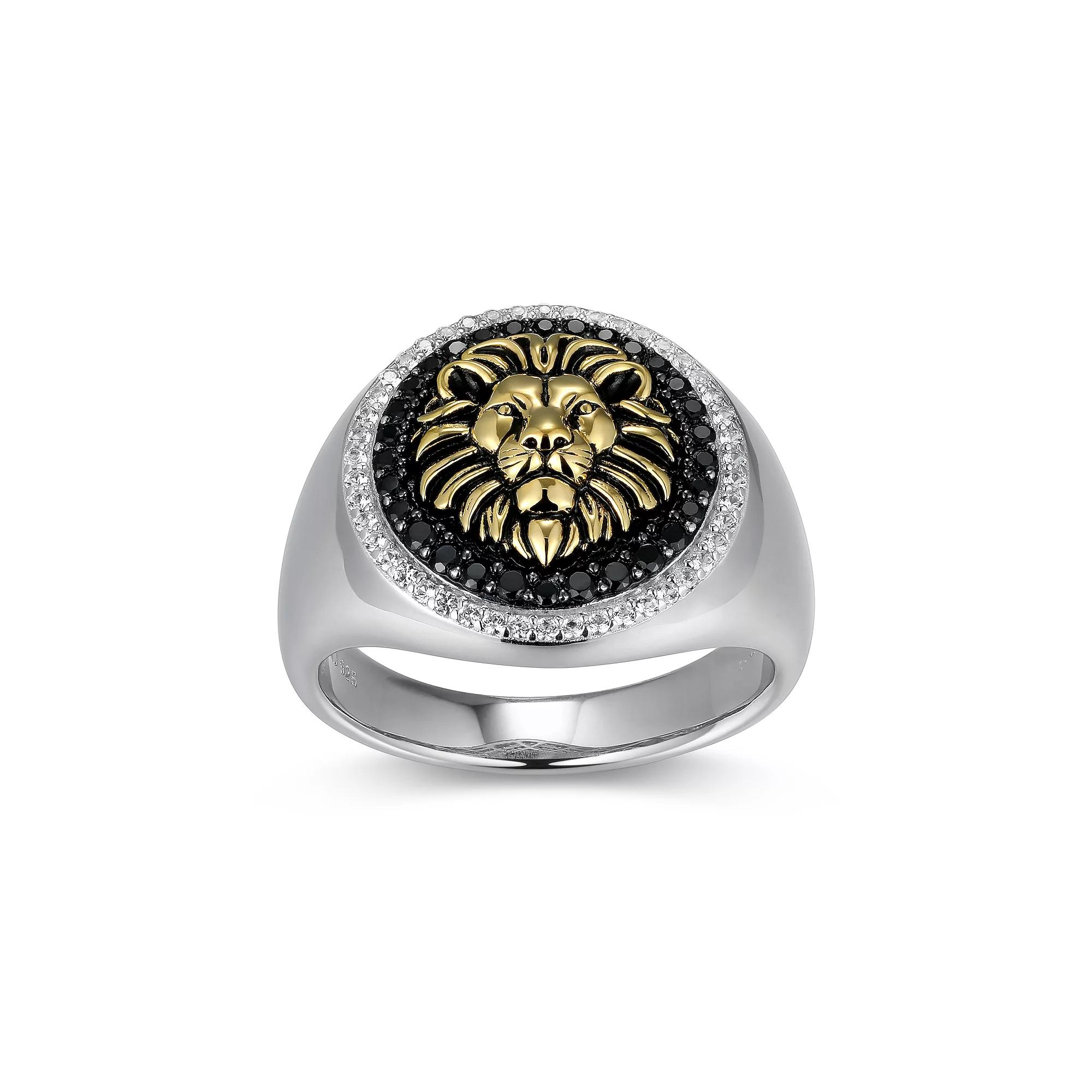 Two-Tone Sterling Silver Black Spinel and Lab-Created White Sapphire Lion Men's Ring, Size: 11, Two Tone Product Image