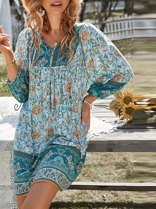 A-Line Loose Contrast Color Flower Print Pleated V-Neck Mini Dresses Product Image