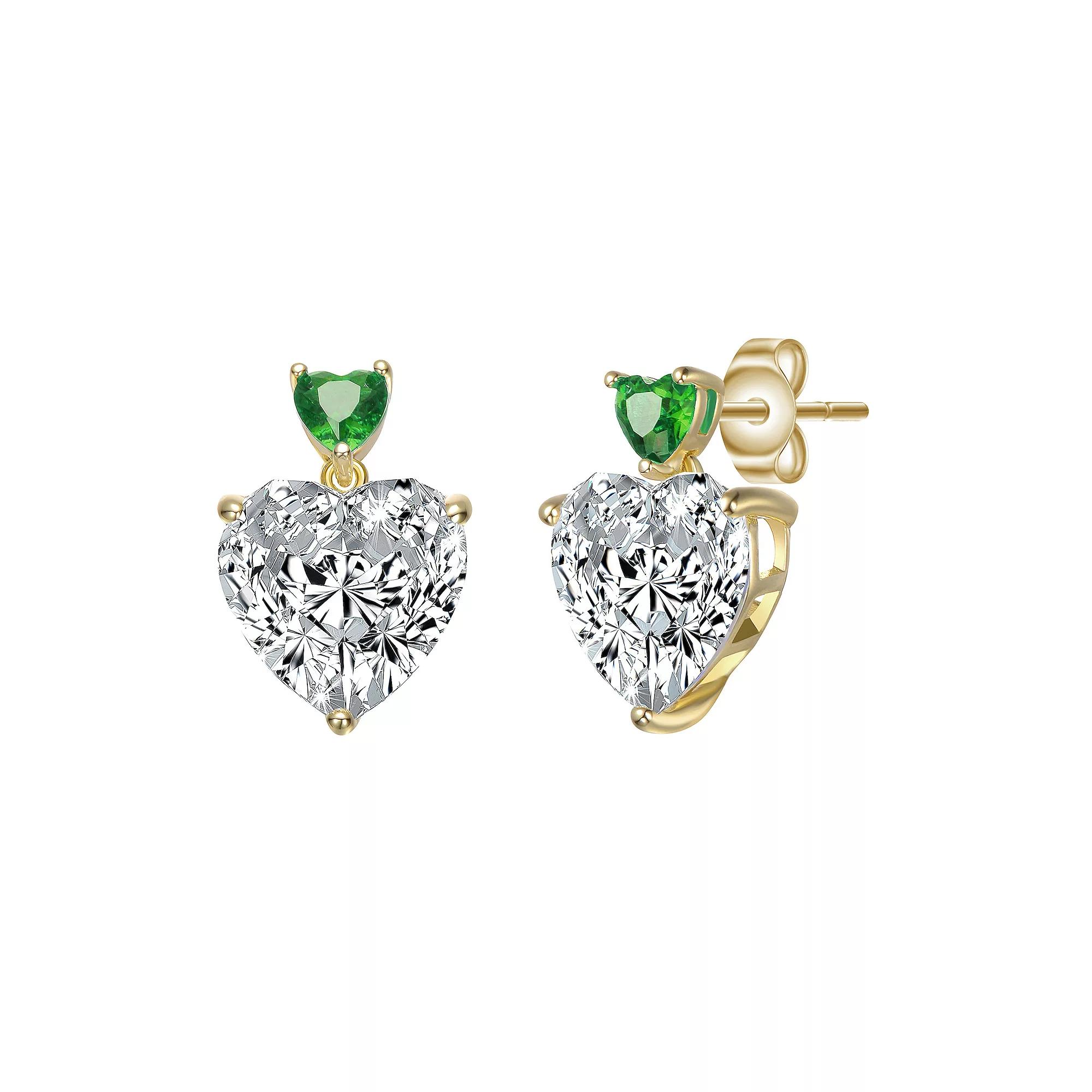 Gold Tone Cubic Zirconia Heart Two-Stone Stud Earrings, Womens, Green Product Image