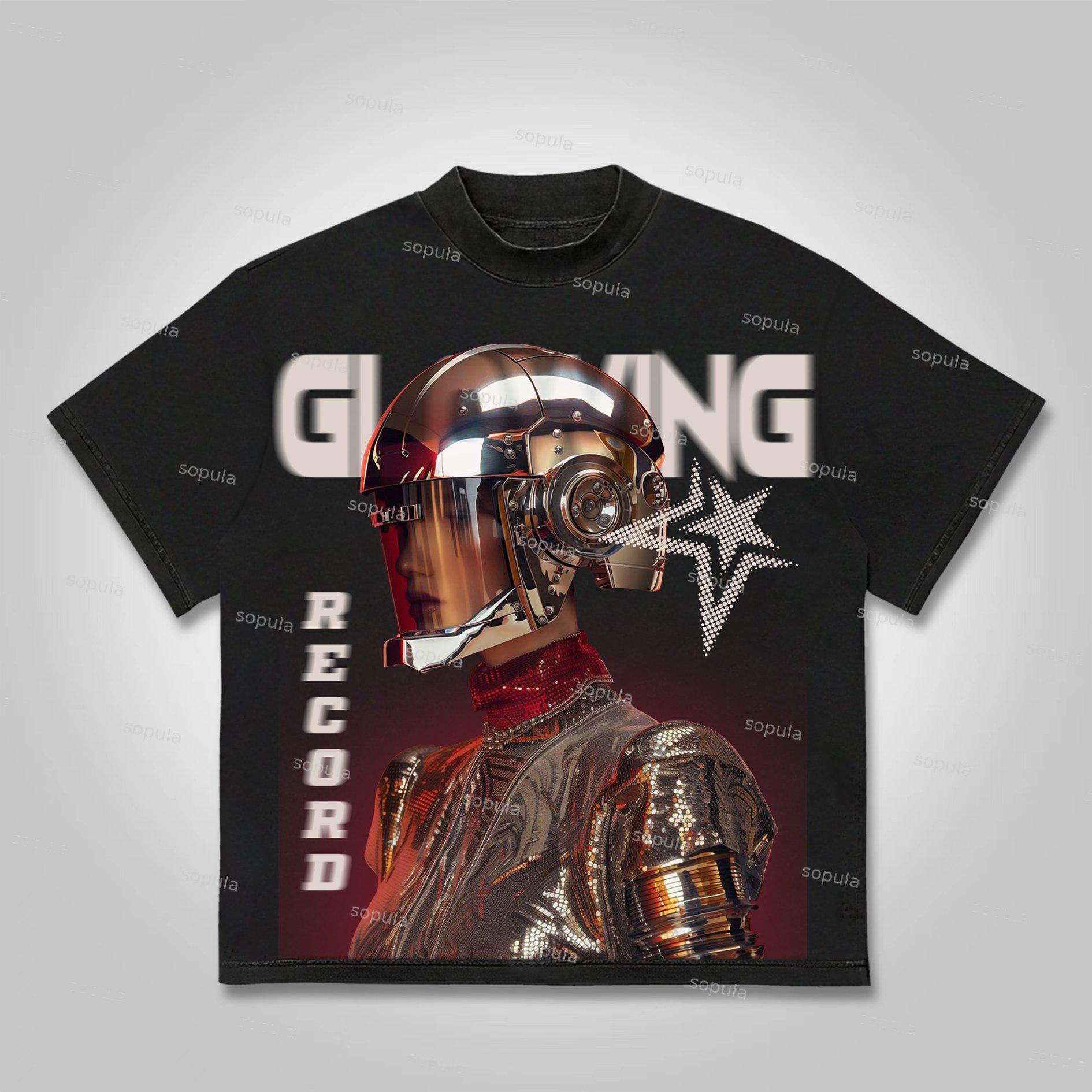 Vintage Glowing Astronaut Graphic Print Cotton T-shirt Product Image
