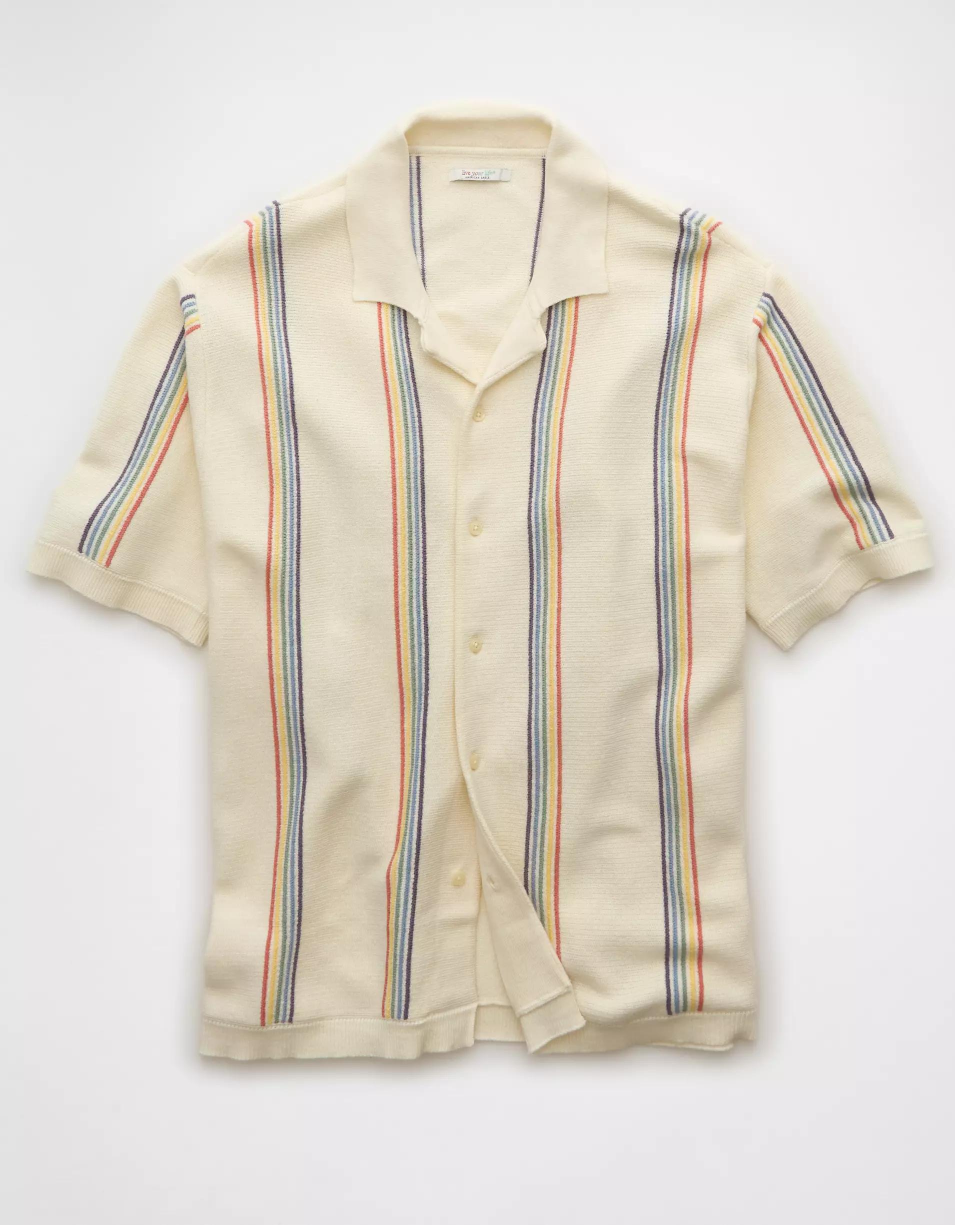 AE Pride Weekend Striped Button-Up Sweater Polo Shirt Product Image