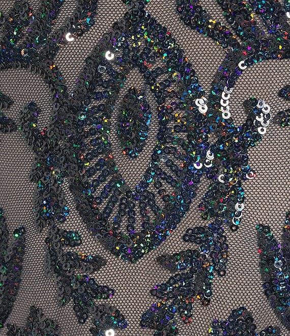 R & M Richards Sleeveless V-Neck Godet Skirt Embellished Long Sequin Gown Product Image