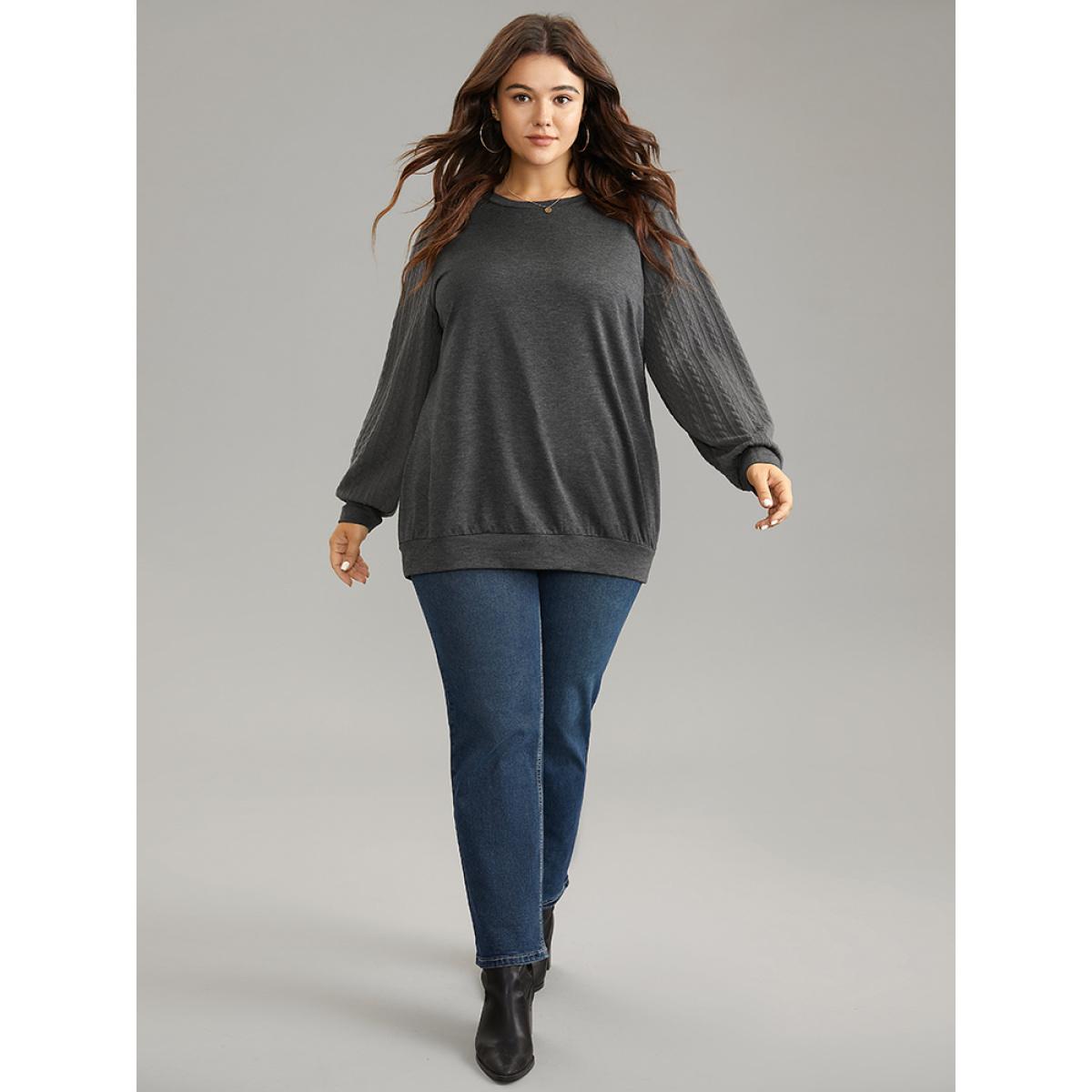 Plus Size Solid Cable Knit Crew Neck Sweatshirt Women Gray Elegant Texture Round Neck Dailywear Sweatshirts BloomChic 12/L Product Image