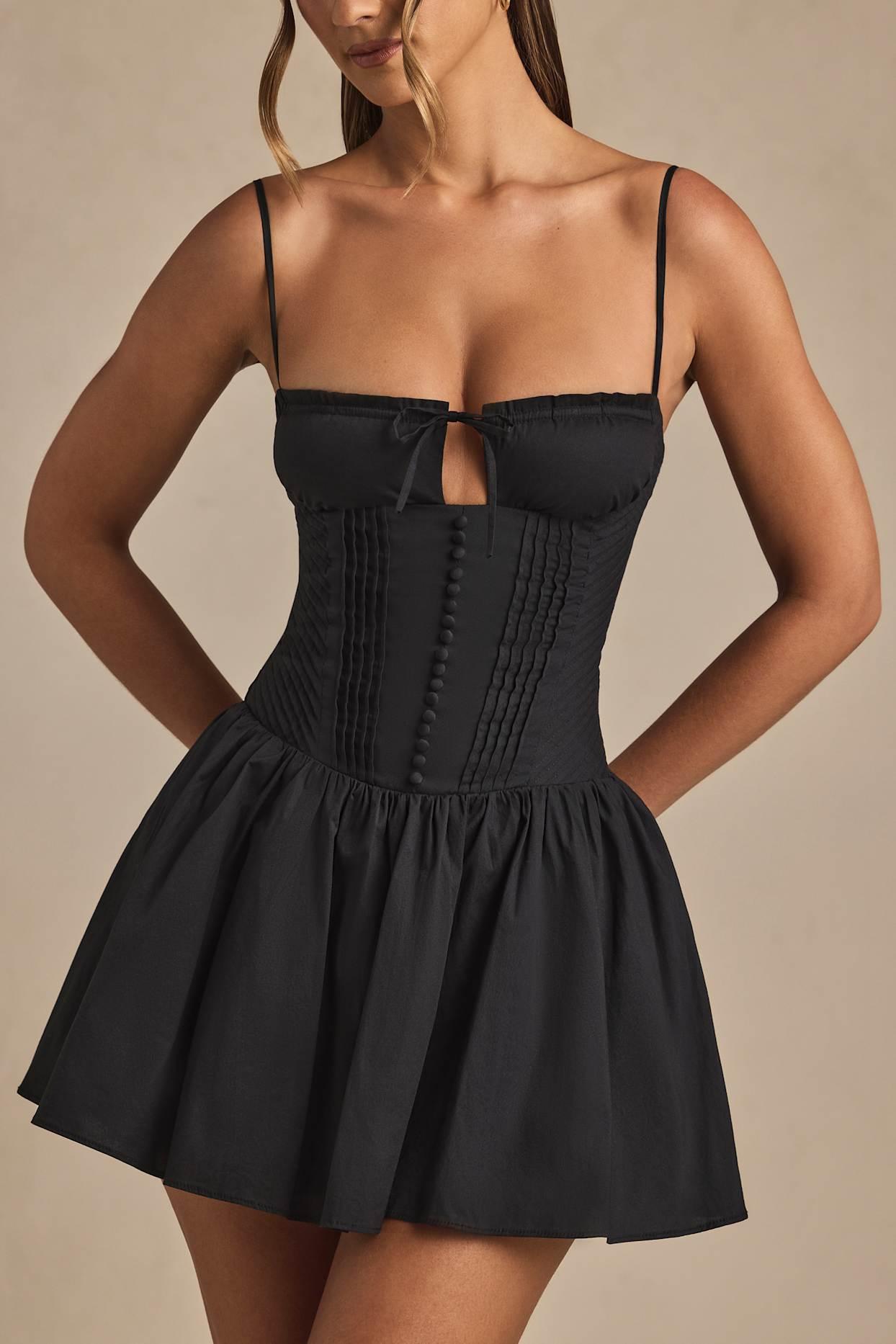 Pintucked Shirred Mini Dress in Black Product Image