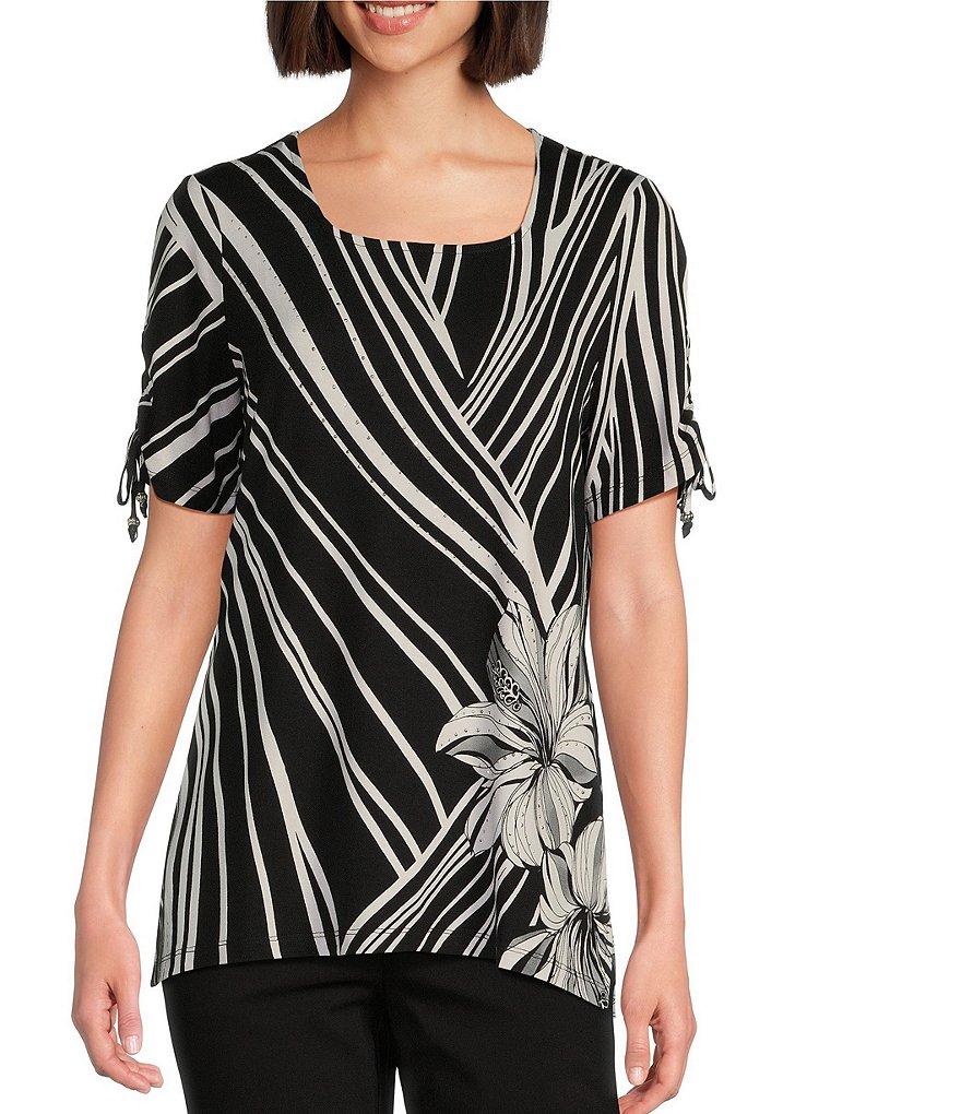 Allison Daley Hibiscus Wave Print Short Ruched Tie Sleeve Square Neck Knit Top Product Image