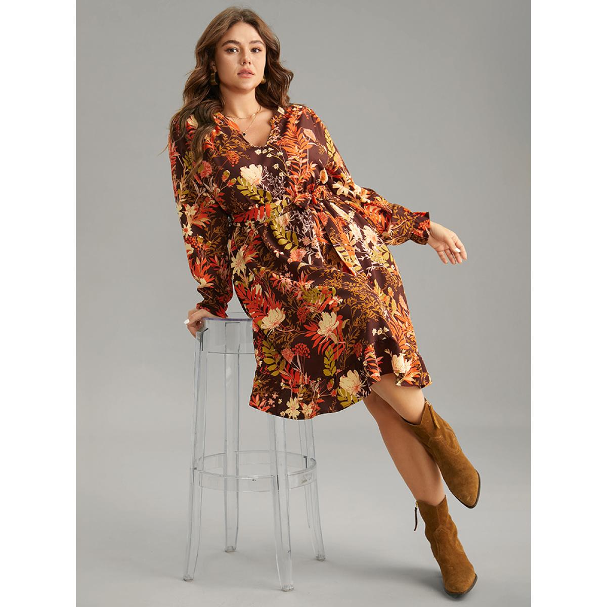 Plus Size Floral Belted Notched Lantern Sleeve Ruffles Dress Burgundy Women Casual Belted Notched collar Long Sleeve Curvy Midi Dress BloomChic 30/6X Product Image