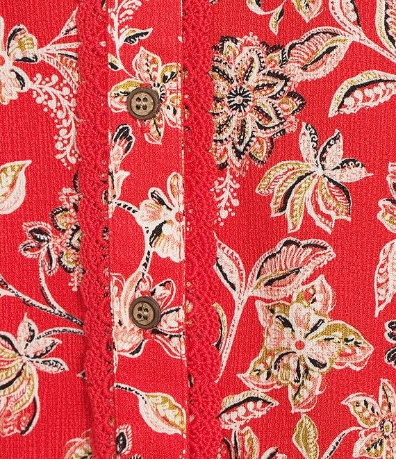 Democracy Woven Floral Split V-Neck 3/4 Blouson Sleeve Lace Inset Ruffle Trim Button-Front Top Product Image