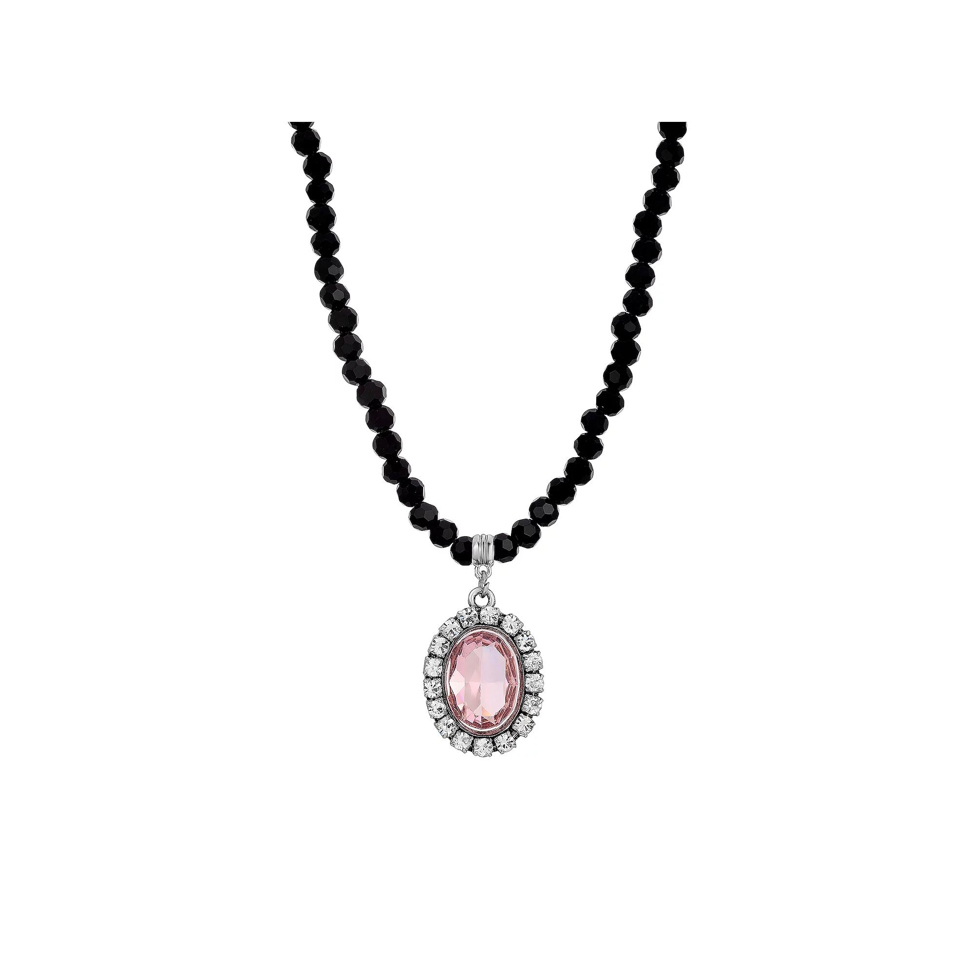 1928 Silver Tone Crystal Black Beaded Necklace, Women's, Purple Product Image