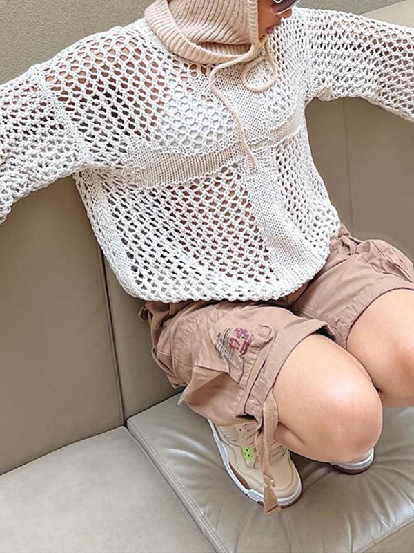 Cross Pattern Crochet Hollow Long Sleeve Knit Top Product Image