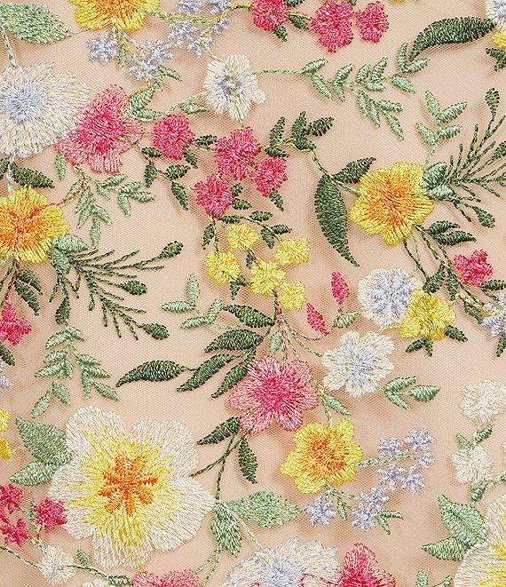 Eliza J Embroidered V-Neck Short Puff Sleeve Fit and Flare Dress Product Image