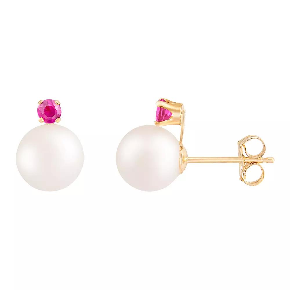 Splendid Pearls 14k Gold Ruby Freshwater Cultured Pearl Earrings, Womens, Yellow Product Image