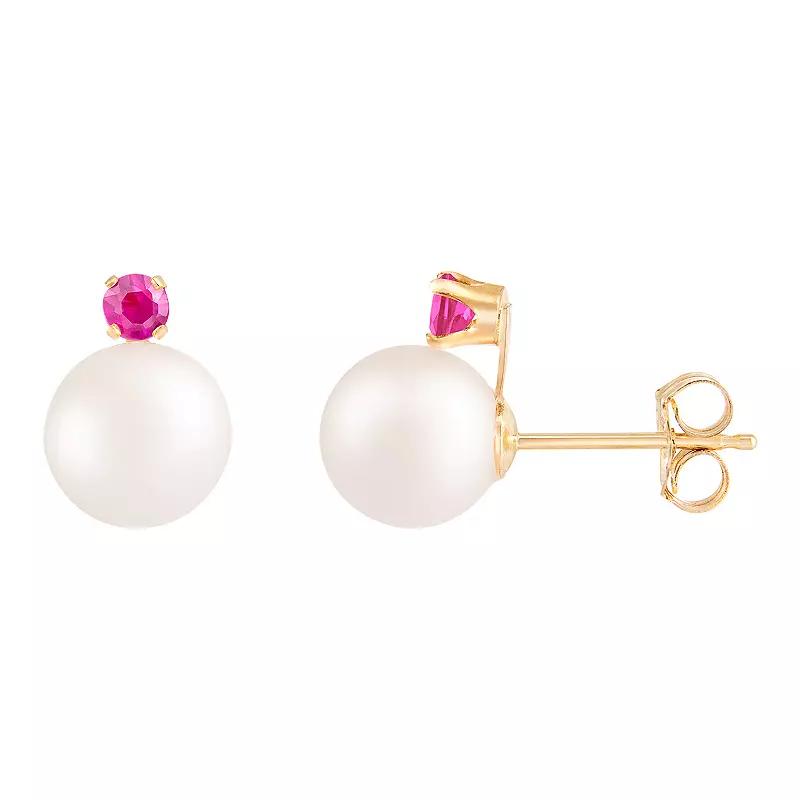 Splendid Pearls 14k Gold Ruby Freshwater Cultured Pearl Earrings, Womens, Yellow Product Image