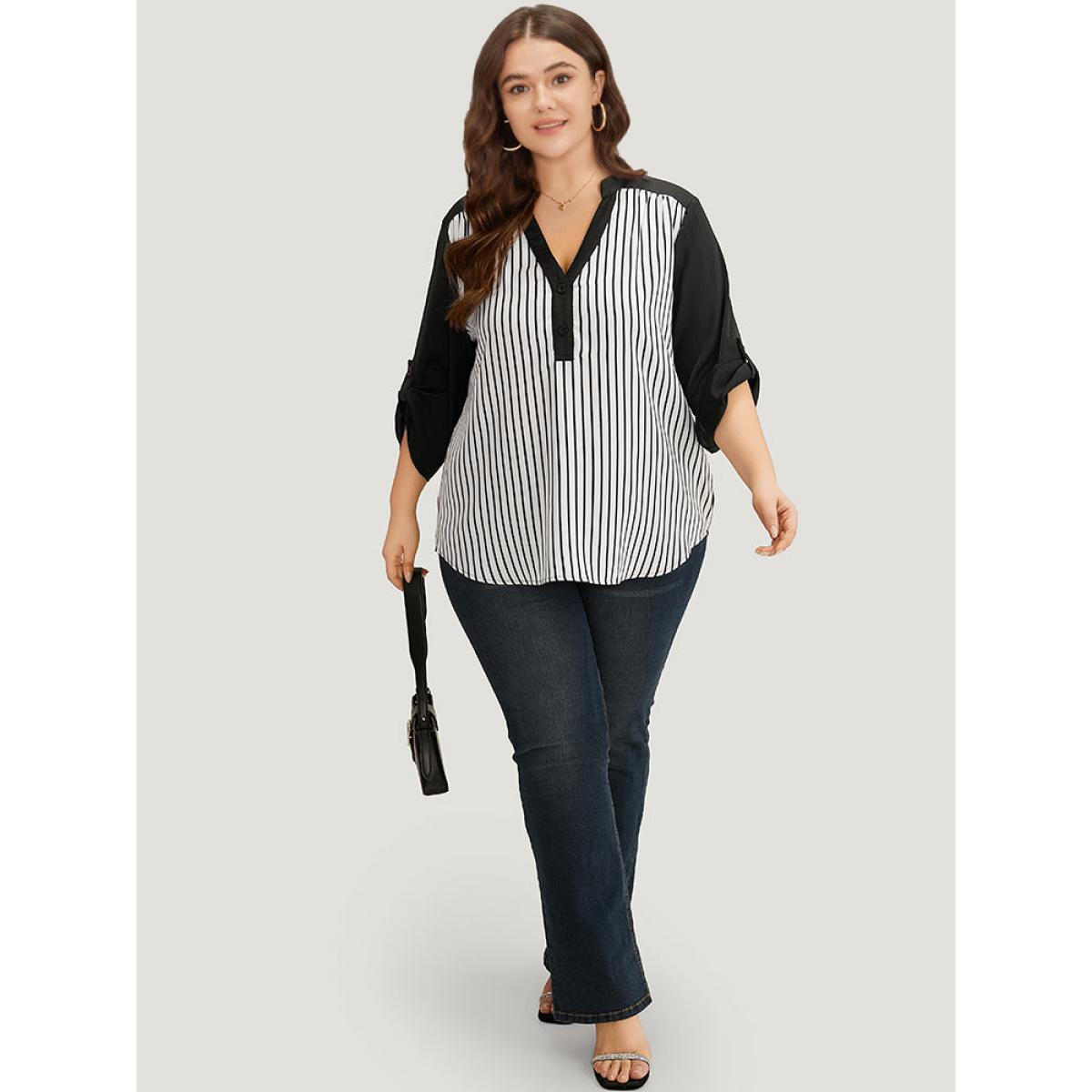 Plus Size Black Striped Patchwork Tab Sleeve Blouse Women Office Elbow-length sleeve V-neck Work Blouses BloomChic 22-24/3X Product Image