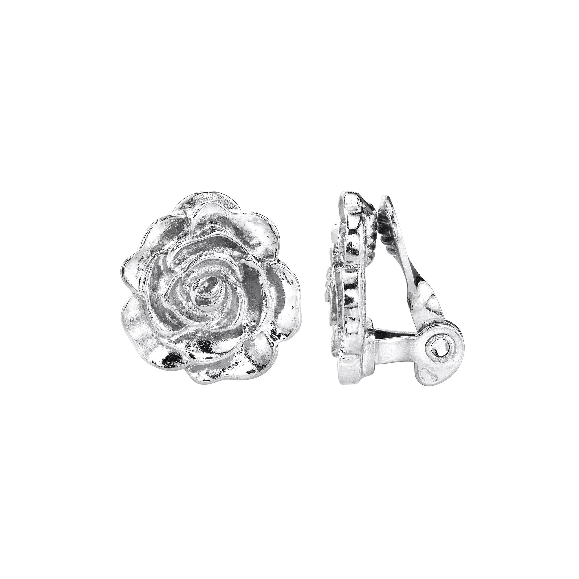 1928 Flower Motif Button Stud Clip-On Earrings, Womens, Silver Tone Product Image