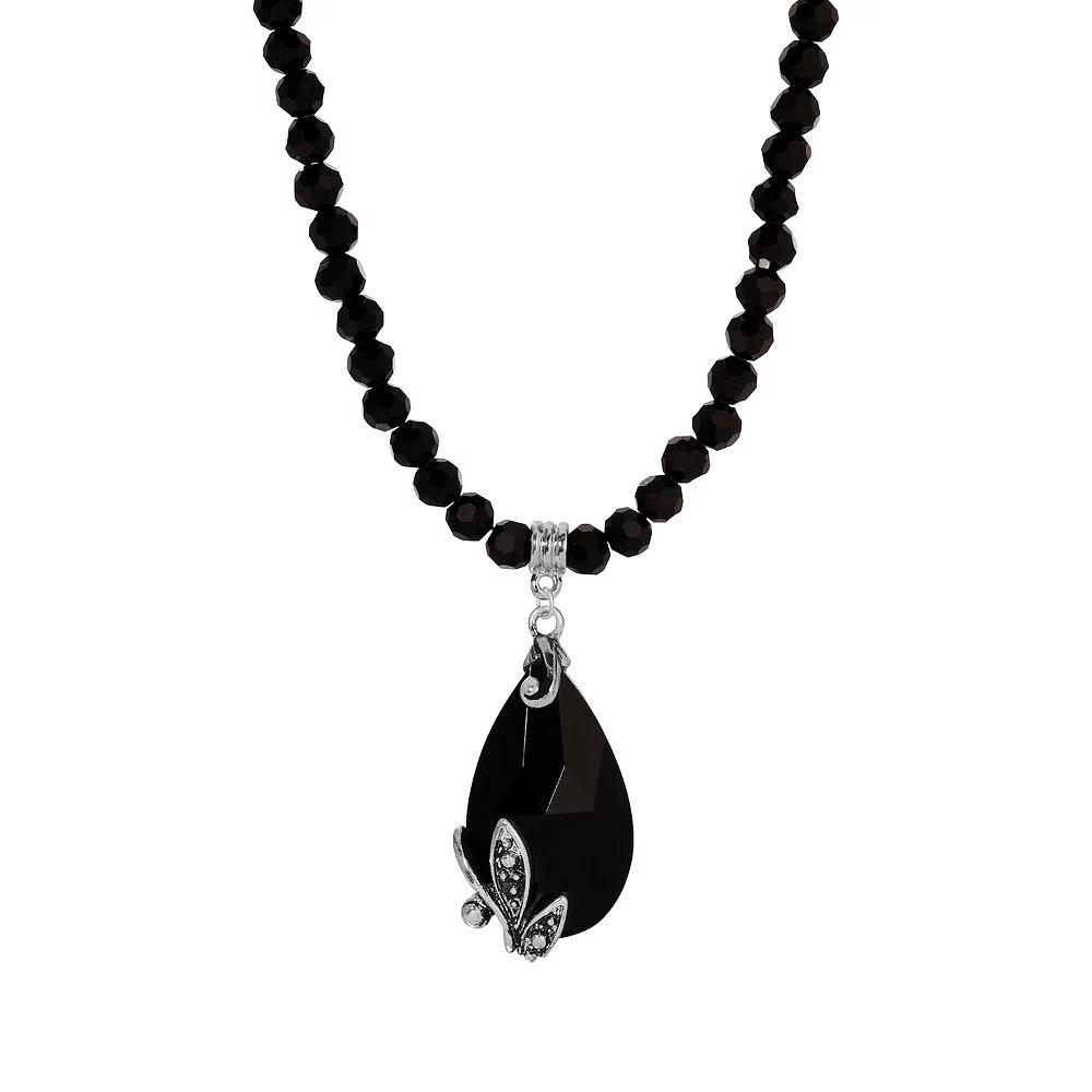 1928 Silver Tone Jet Beaded Teardrop Necklace, Women's, Black Product Image