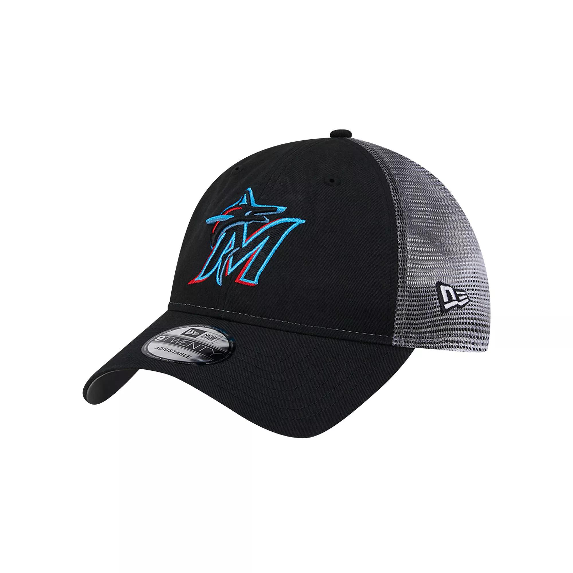 Men's New Era Black Miami Marlins Team Slick Trucker 9TWENTY Adjustable Hat Product Image