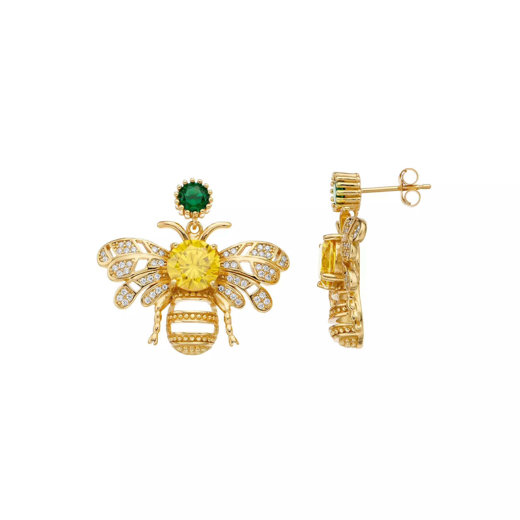 14k Gold Over Silver Yellow, Clear, & Green Cubic Zirconia Bee Drop Earrings, Womens, Gold Tone Product Image