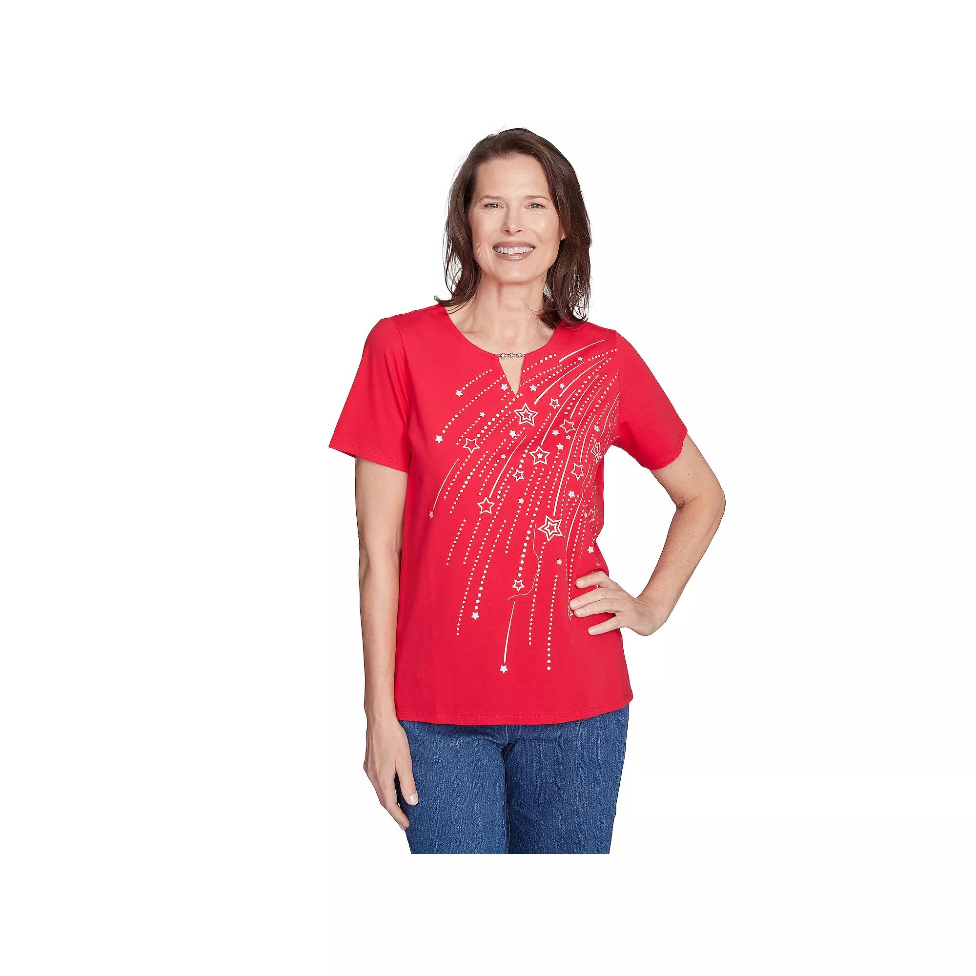 Petite Alfred Dunner Dazzling Shooting Stars with Beaded Split Neck Top, Women's,  Product Image