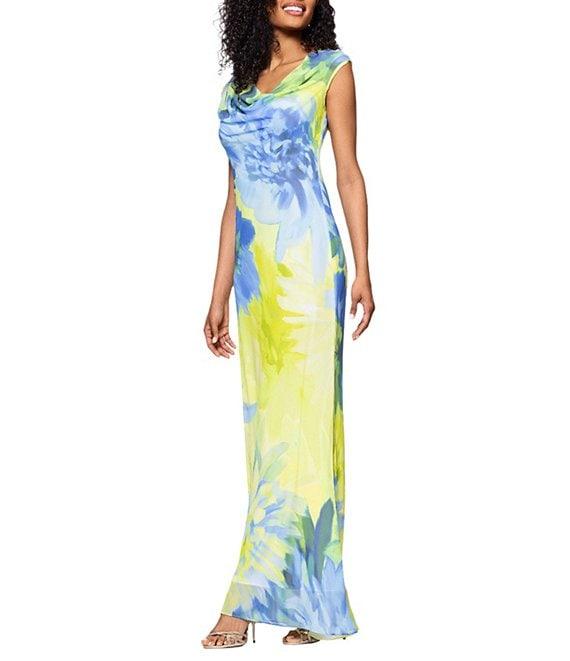 Betsy & Adam Chiffon Floral Print Cowl Neck Sleeveless Sheath Gown Product Image