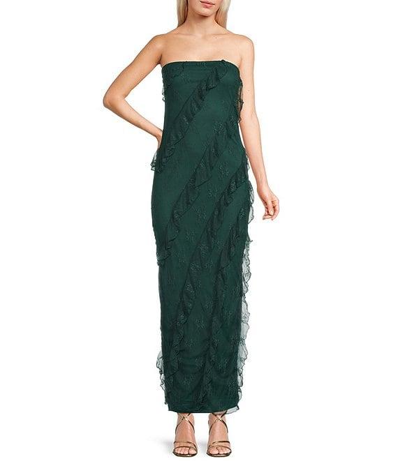 Allison & Kelly Strapless Lace Asymmetric Ruffle Midi Dress Product Image