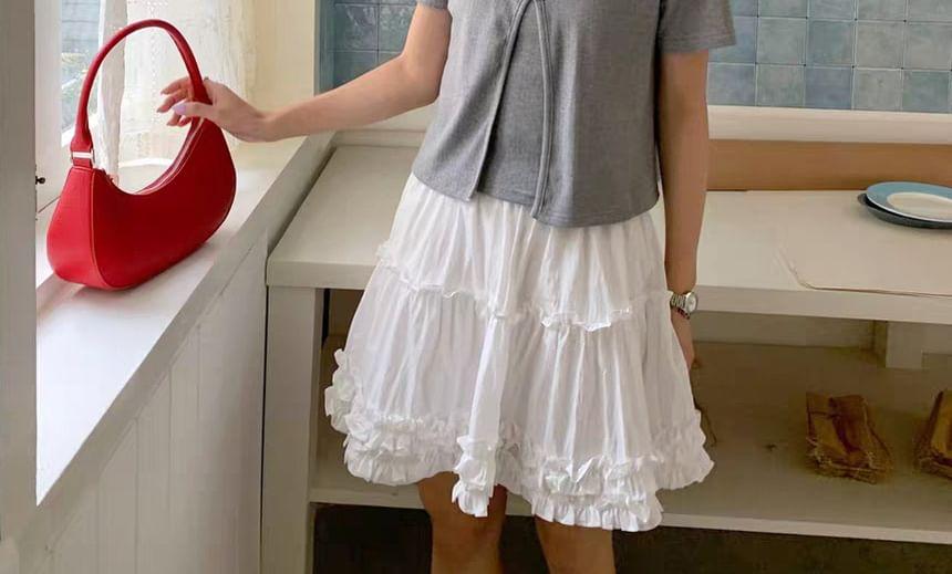 Elastic Waist Plaid Tiered Ruffle Trim Mini A-Line Skirt Product Image