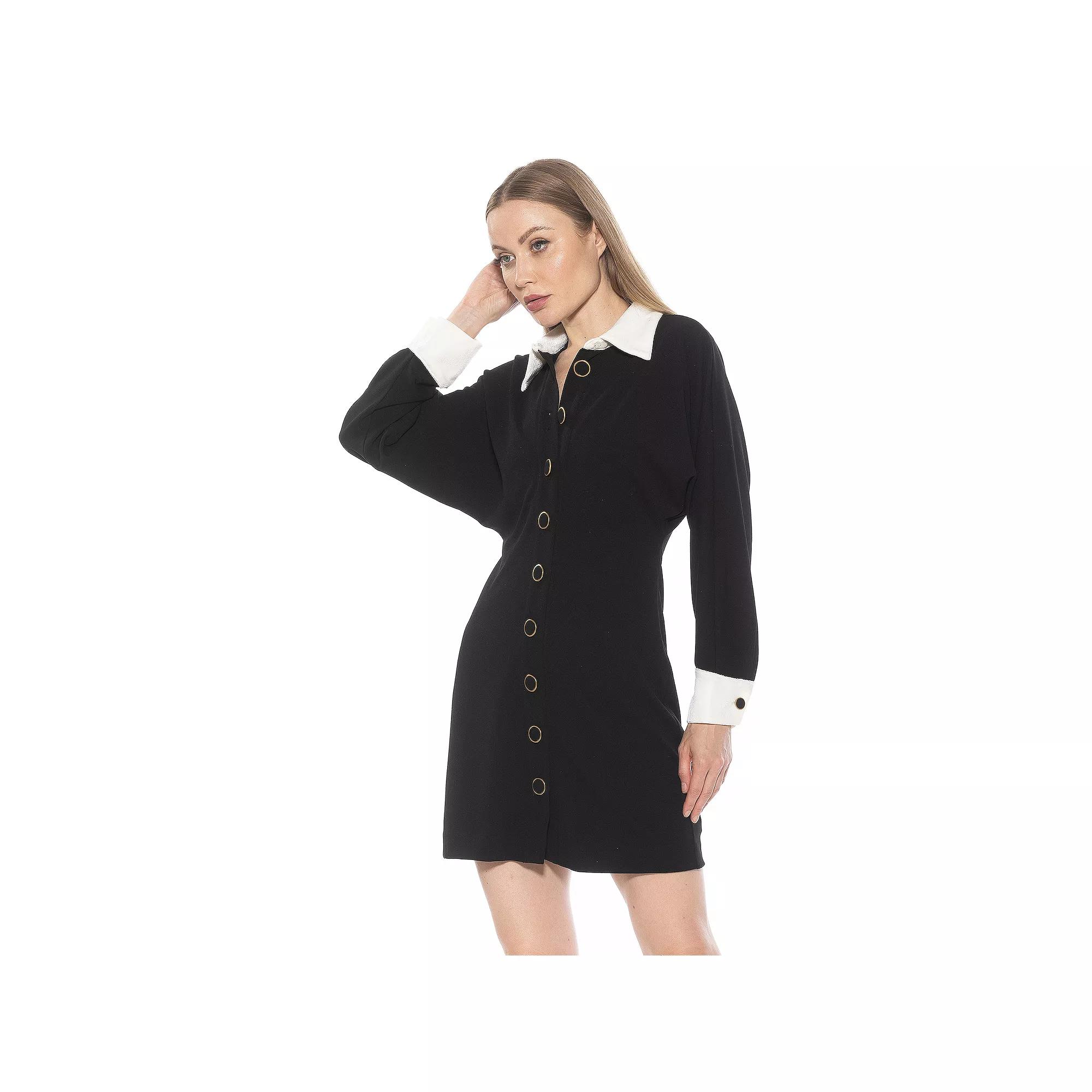 Women's ALEXIA ADMOR Velvette Contrast Collar Dolman Button Down Dress, Size: 4, Black Ivory Product Image