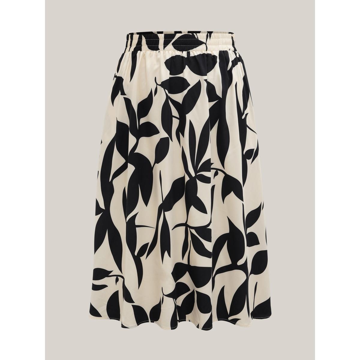 Plus Size Leaf Print Stretchy-Waist Midi Skirt Women Apricot Elegant Contrast Loose No stretch Slanted pocket Everyday Skirts BloomChic 18-20/2X Product Image