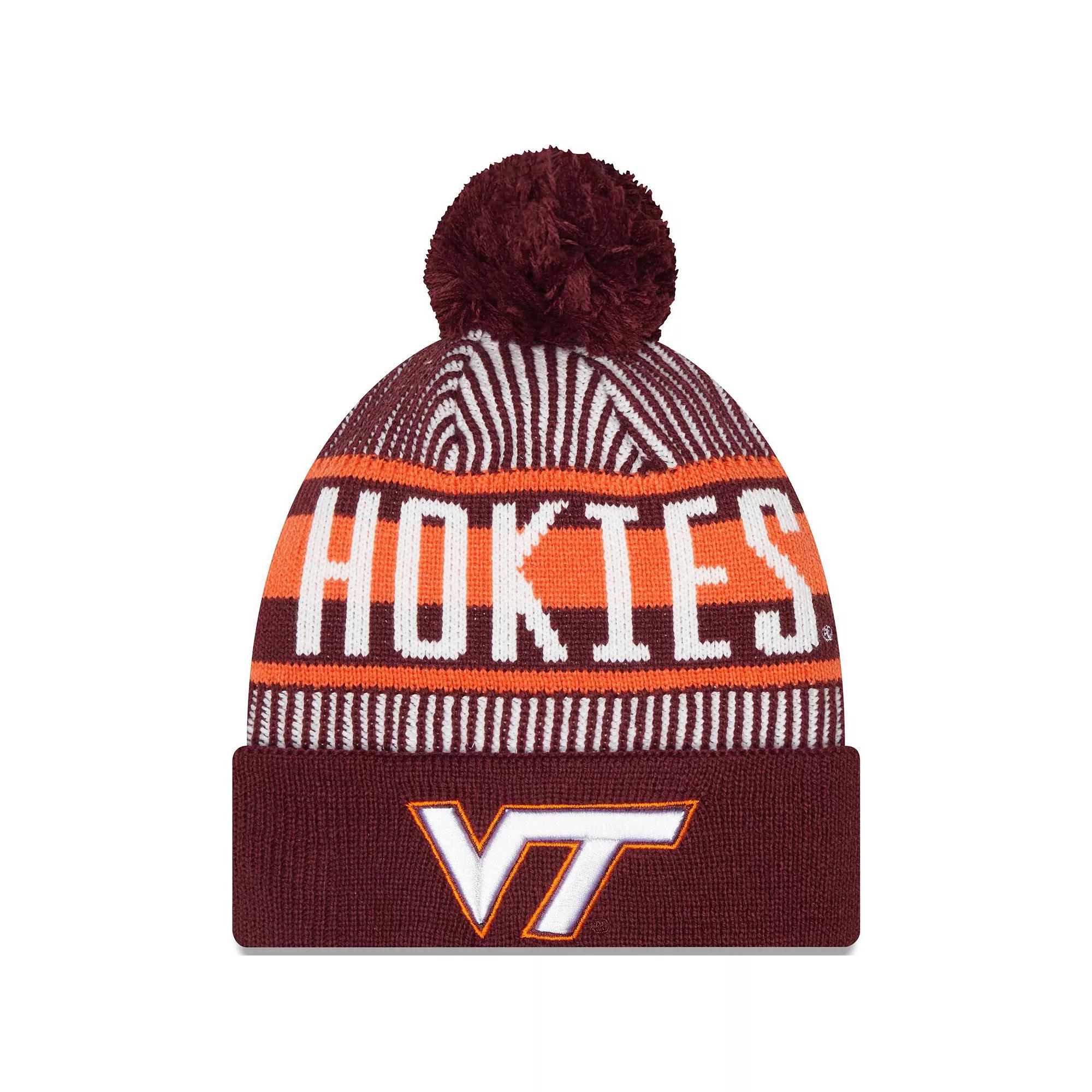 Men's New Era  Maroon Virginia Tech Hokies Logo Striped Cuff Knit Hat with Pom, Red Product Image