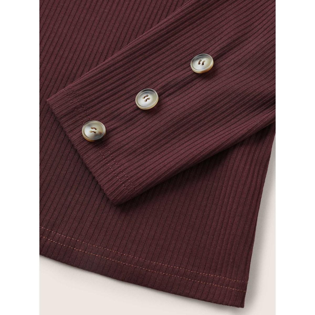 Plus Size Solid Rib Knit Button Detail Skinny T-shirt Mauve Women Casual Texture Plain V-neck Everyday T-shirts BloomChic 22-24/3X Product Image