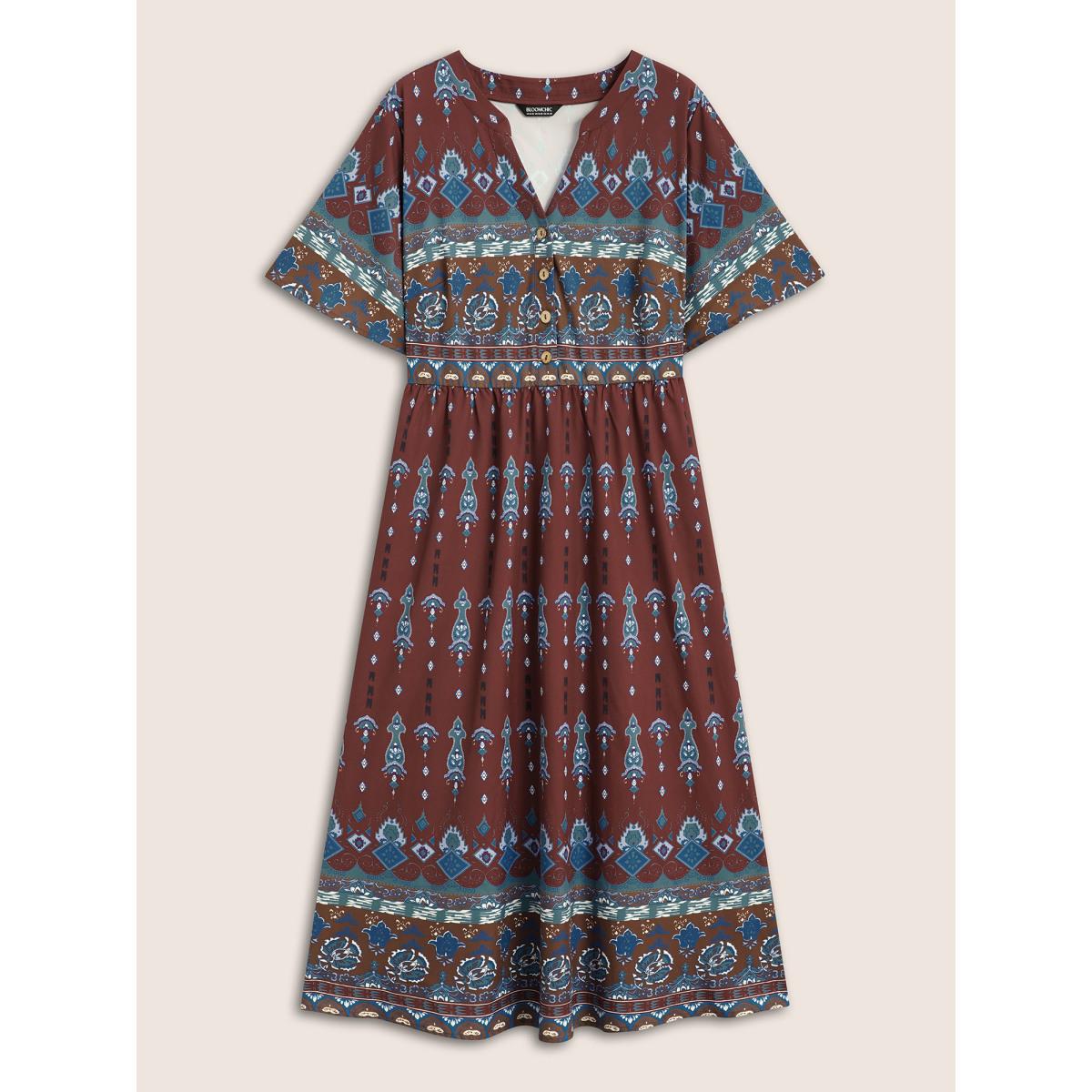 Plus Size Bandana Print Notched Button Detail Dress Scarlet Women Resort Gathered Notched collar Short sleeve Curvy BloomChic 18-20/2X Product Image