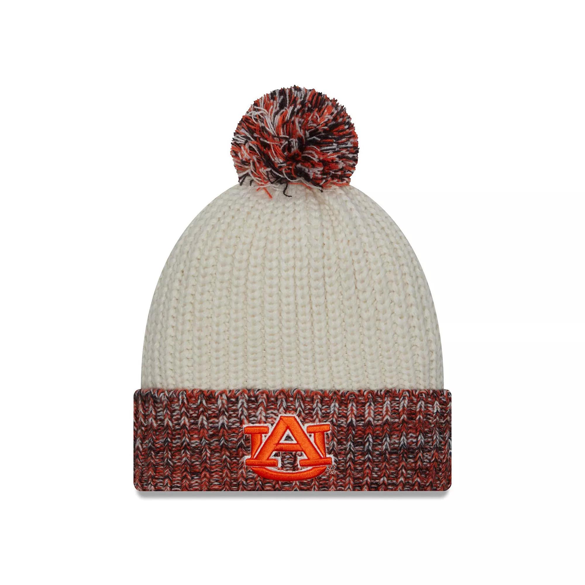 Women's New Era Cream Auburn Tigers Fresh Cuffed Knit Hat with Pom, Beige Product Image