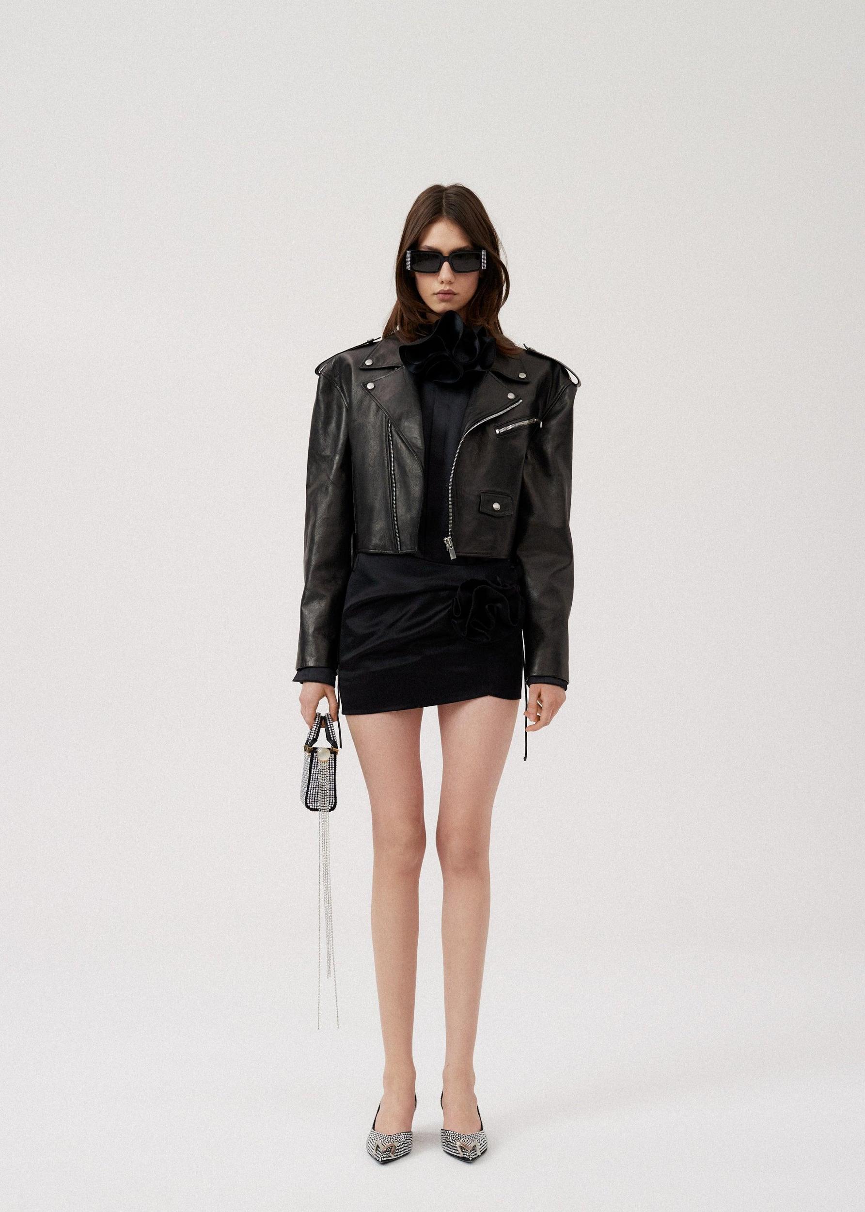 Cropped biker jacket in black leather Product Image