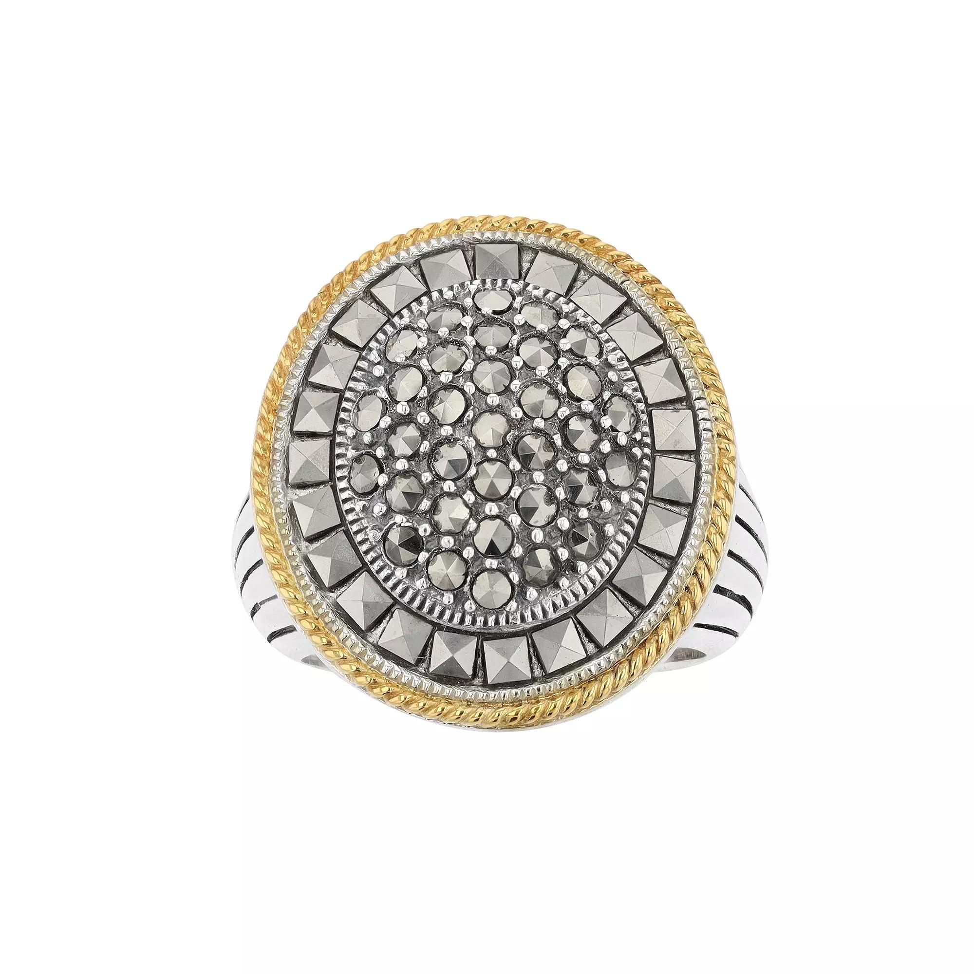 Lavish by TJM Two Tone Sterling Silver Marcasite Oval Ring, Women's, Size: 8 Product Image