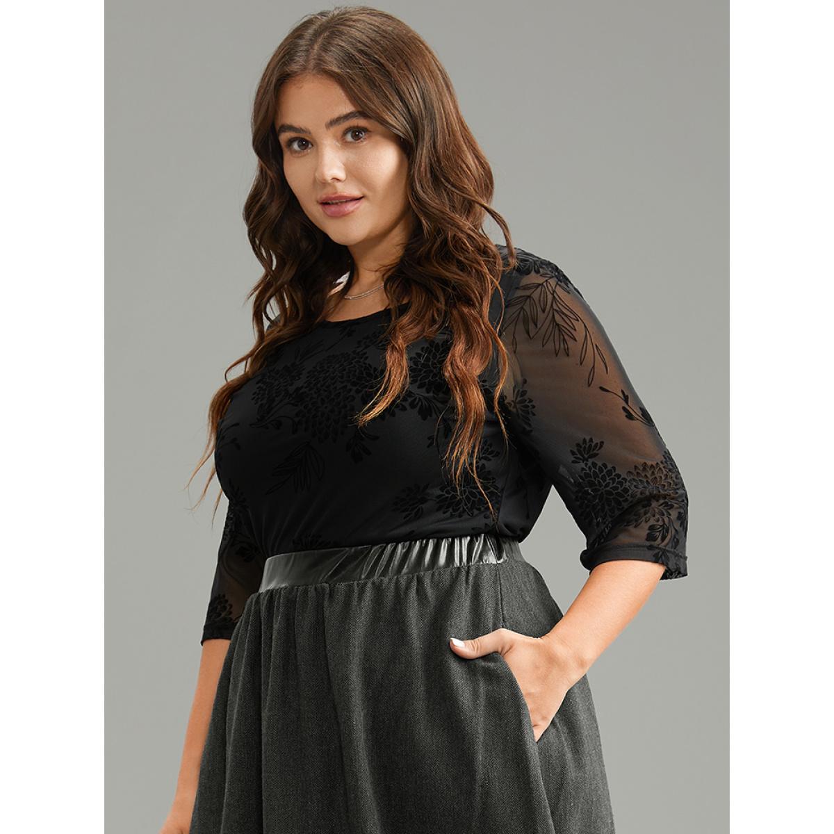 Plus Size Black Flocking Round Neck Crochet Lace Mesh T-shirt Women Office Elbow-length sleeve Round Neck Work Blouses BloomChic 18-20/2X Product Image