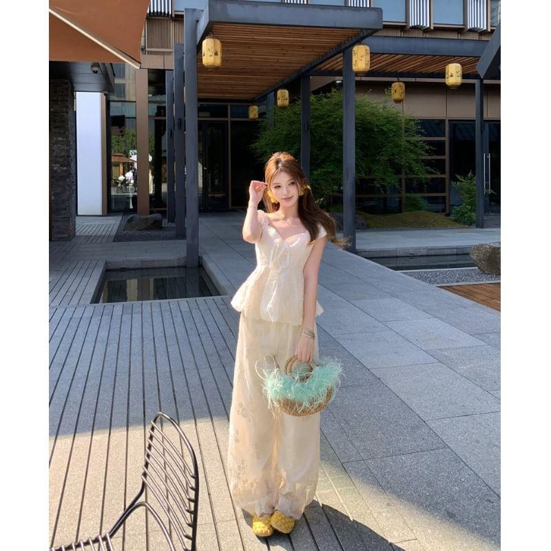 Cap Sleeve Sweetheart Neck Plain Bow Embroidered Eyelet Blouse / High Waist Wide Leg Pants Product Image