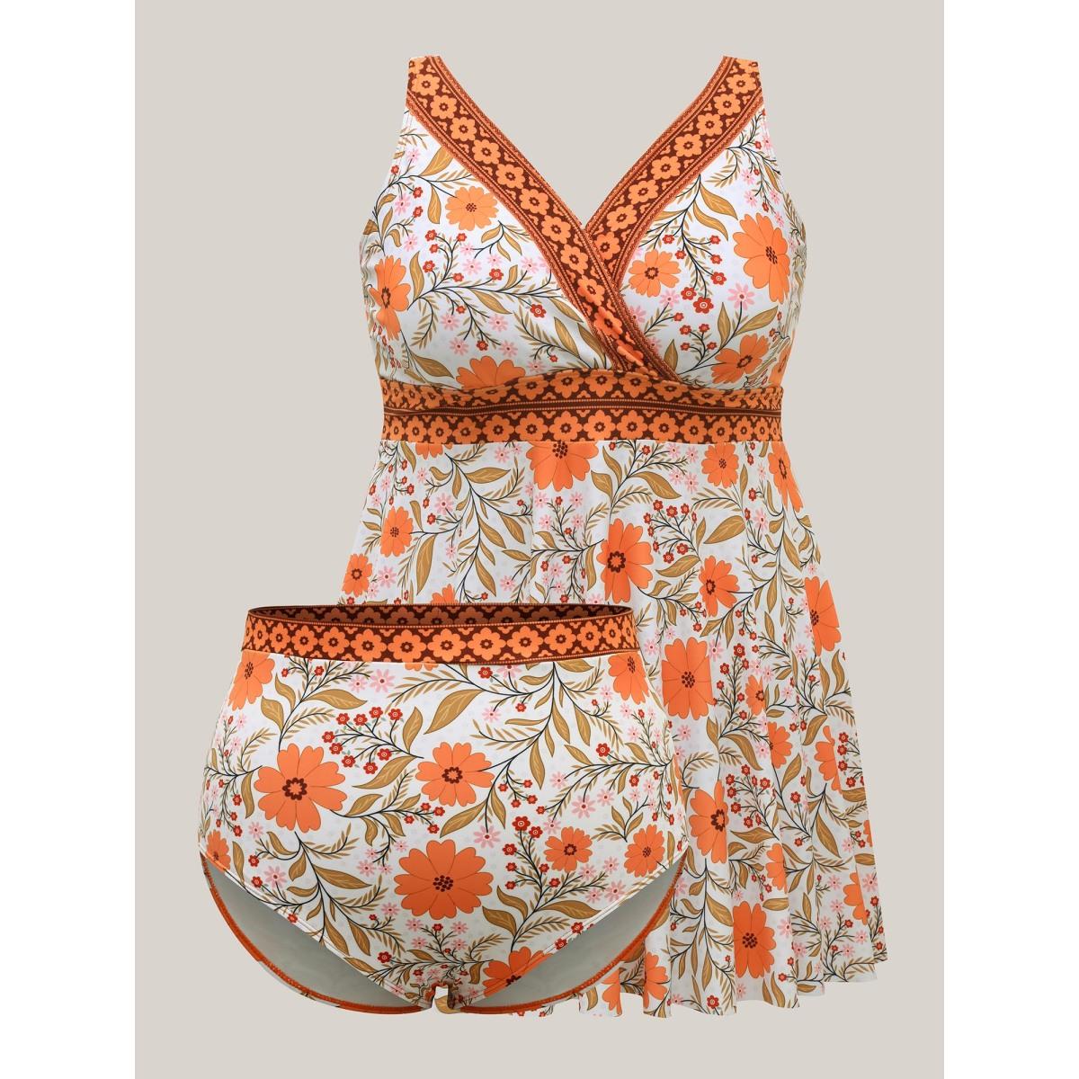 Plus Size Floral Print Color Contrast Swim Dress Women's Swimwear Originalwhite Beach Bodycon Overlap Collar High stretch Curve Swim Dresses BloomChic 12/L Product Image